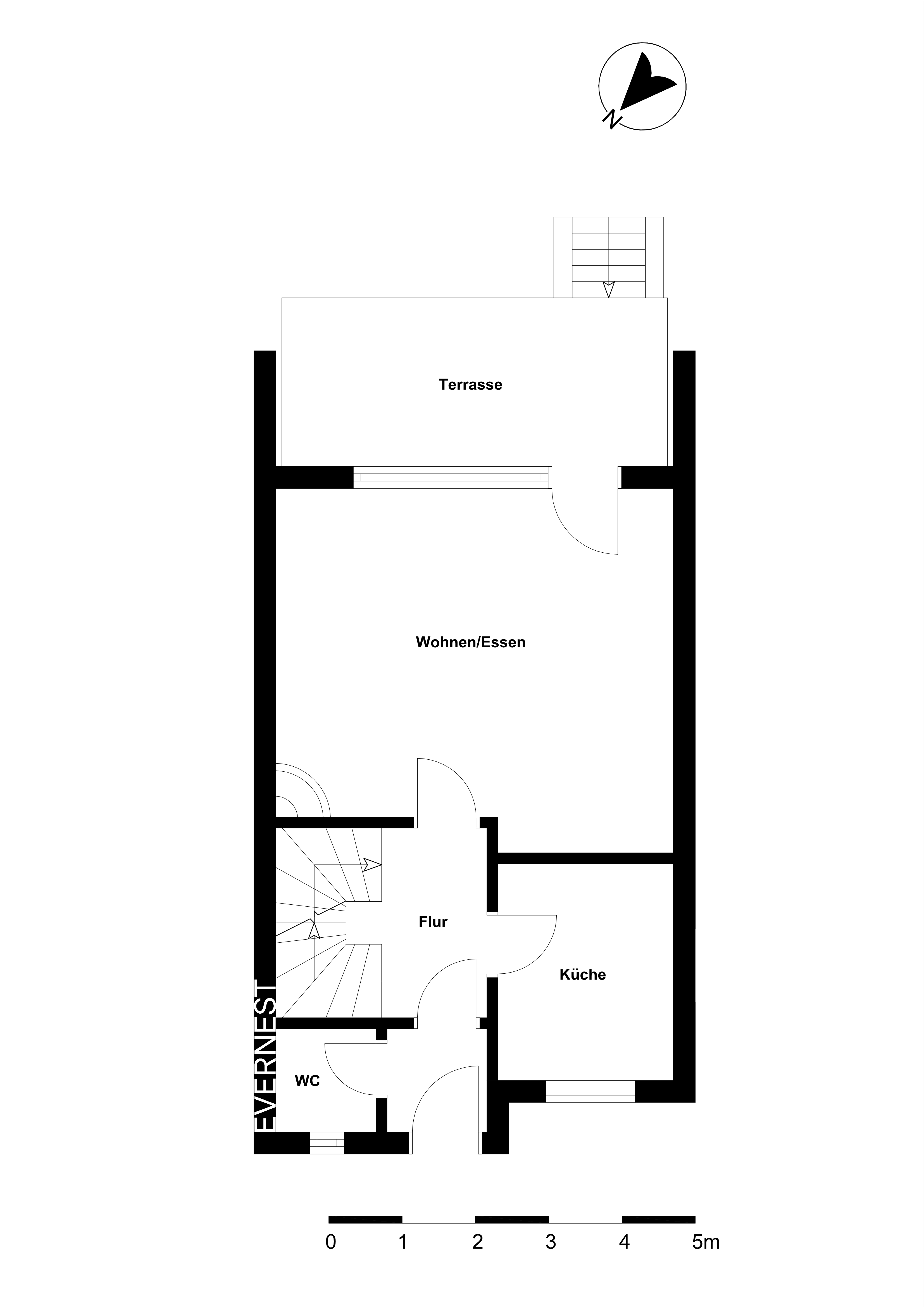 Grundriss des Erdgeschosses mit Terrasse, Wohn-/Essbereich, Küche, Flur und WC.