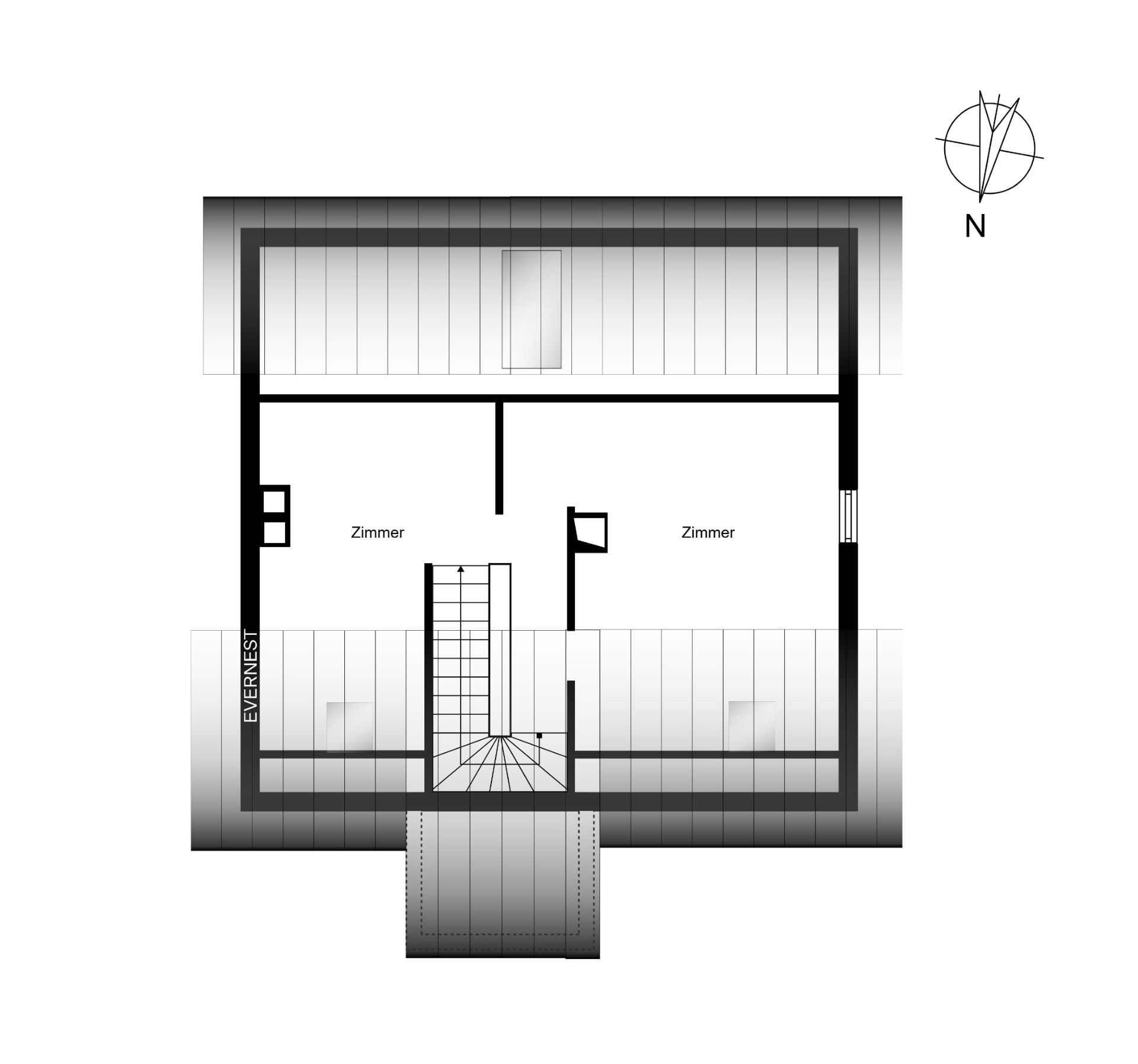 Grundriss eines Obergeschosses mit zwei Zimmern und Treppe in der Mitte.