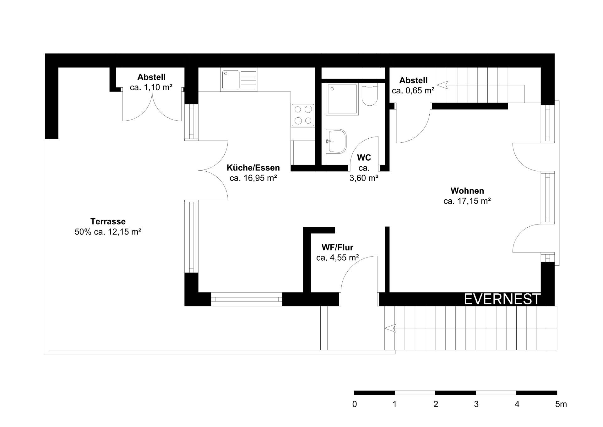 Grundriss einer Wohnung mit Küche, Wohnzimmer, WC, Flur, zwei Abstellräumen und Terrasse.