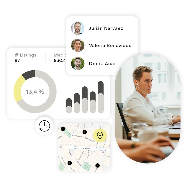 Montage mit Diagrammen, Profilbildern, Kartenausschnitt und einer Person am Schreibtisch mit Laptop.