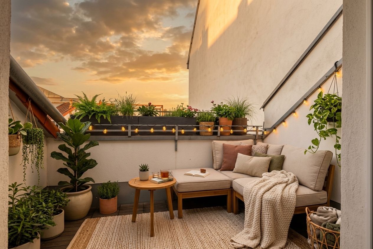 Gemütlicher Balkon mit Sitzbank, vielen Pflanzen, Teppich, kleinem Tisch und Lichterkette bei Sonnenuntergang.