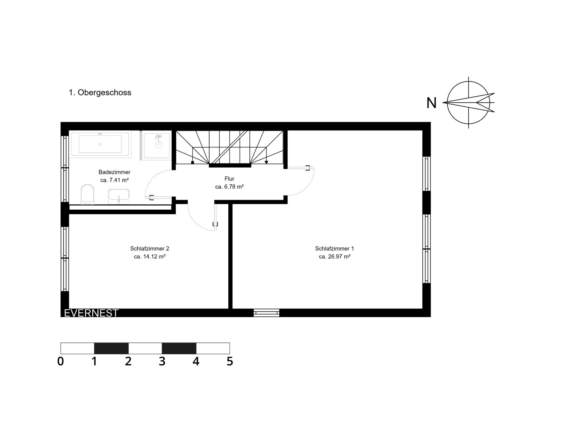 Grundriss des ersten Obergeschosses mit Flur, zwei Schlafzimmern und einem Badezimmer.
