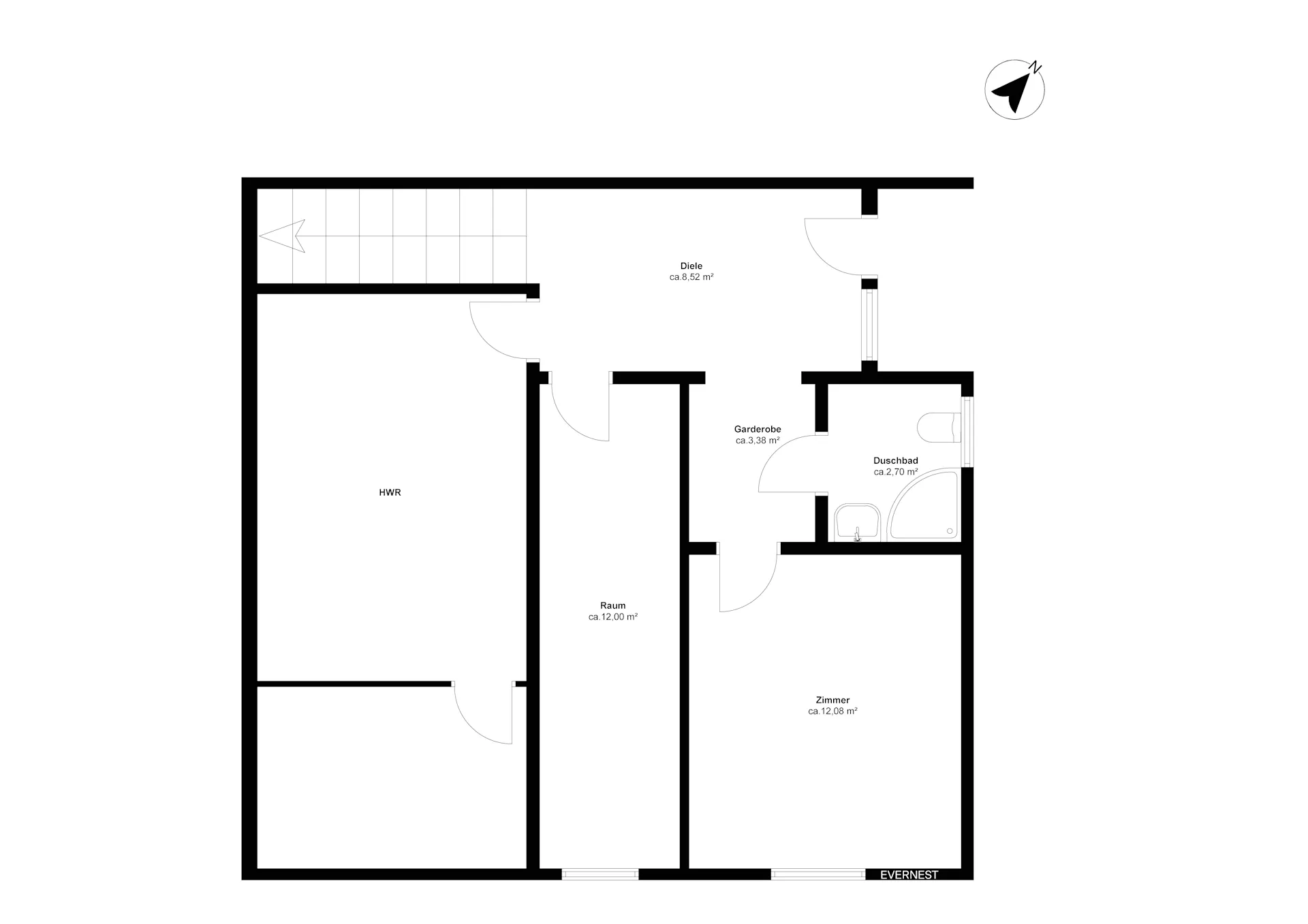 Grundriss mit Diele, HWR, Raum, Zimmer, Garderobe und Duschbad.
