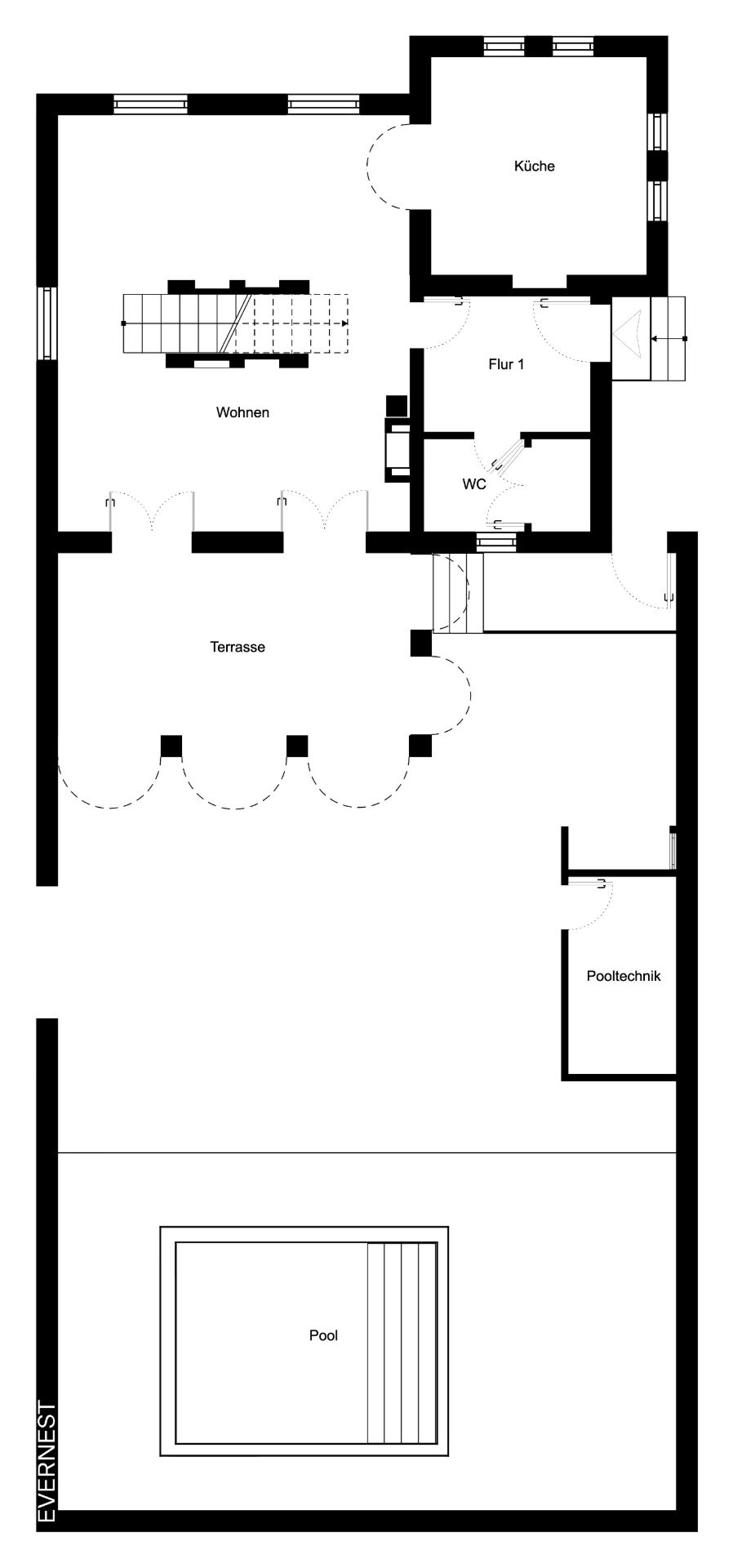 Grundriss zeigt Wohnzimmer, Küche, Terrasse, WC, Pooltechnikraum und Pool.