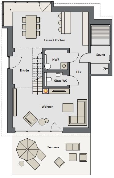 Grundriss einer Wohnung mit Wohnbereich, Küche, Sauna, Gäste-WC und Terrasse.