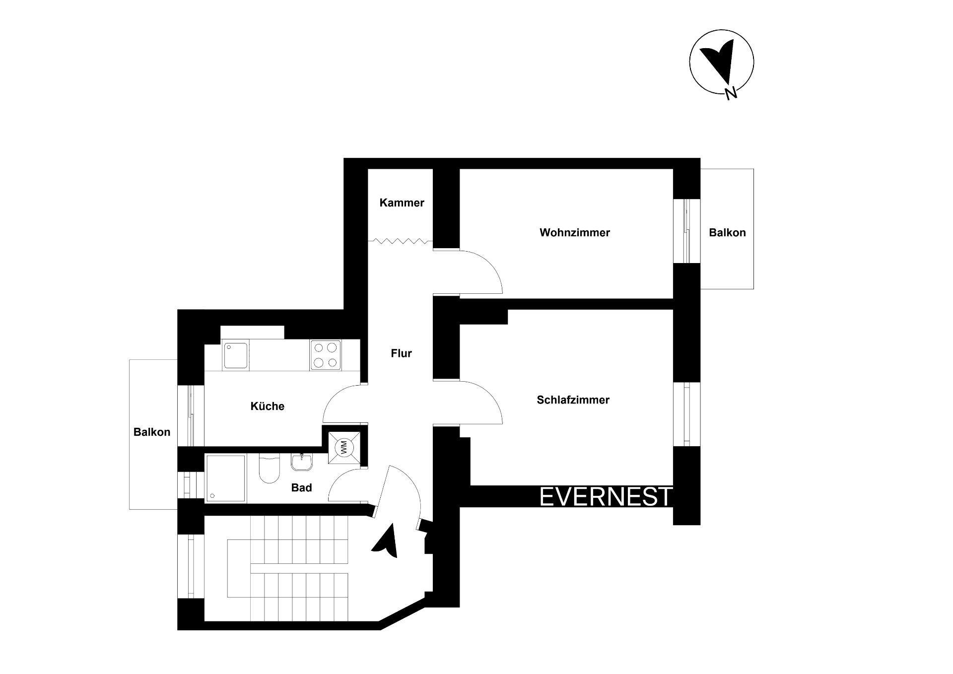 Grundriss einer Wohnung mit Wohnzimmer, Schlafzimmer, Küche, Bad, Kammer, Flur und zwei Balkonen.