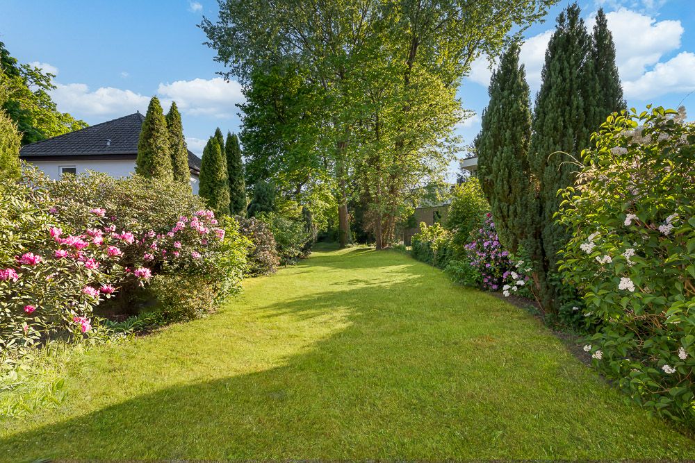 Grüner Garten mit Rasenfläche, blühenden Büschen und hohen Bäumen bei sonnigem Wetter.