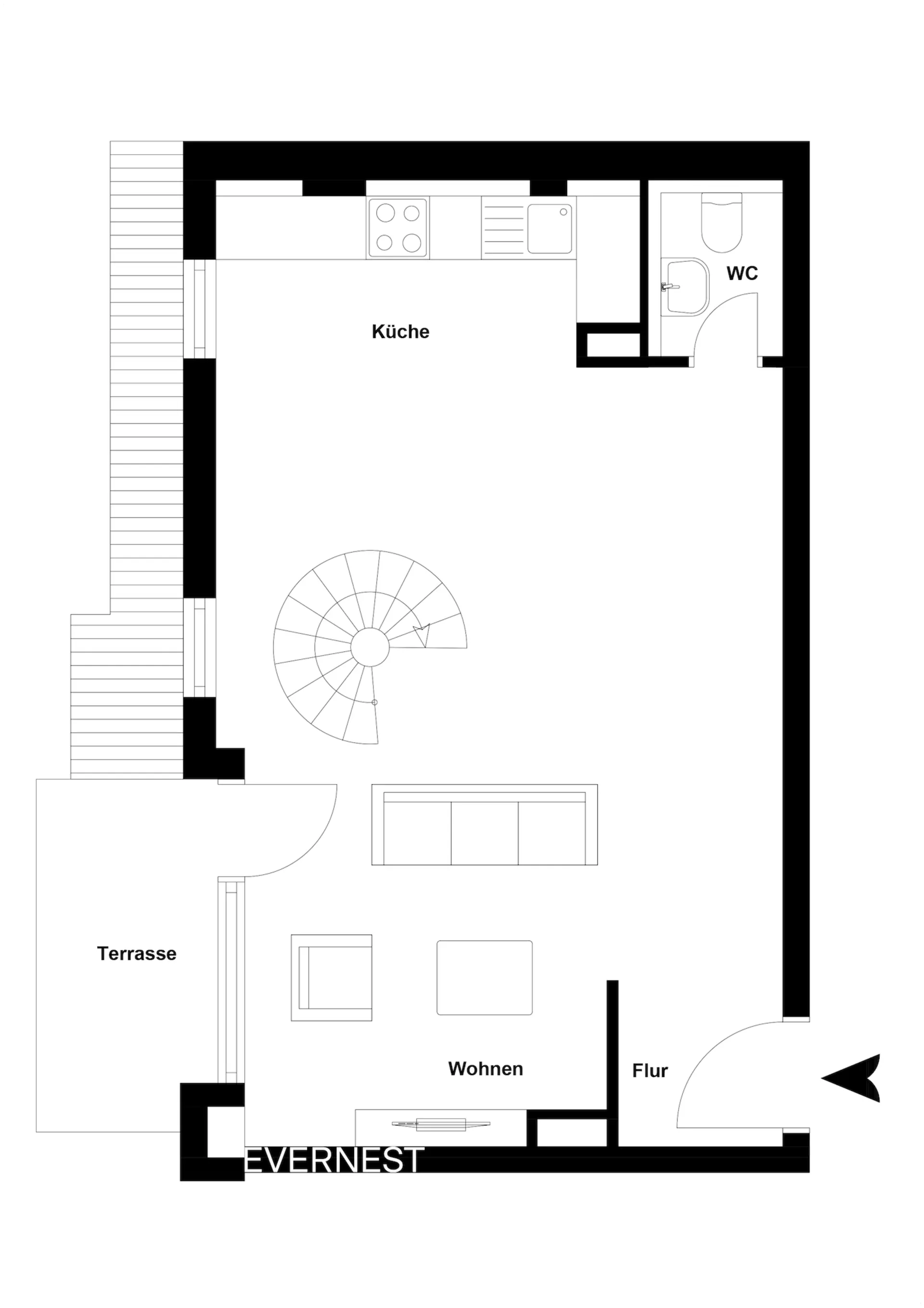 Grundriss mit Küche, Wohnzimmer, WC, Flur, Terrasse und Wendeltreppe.