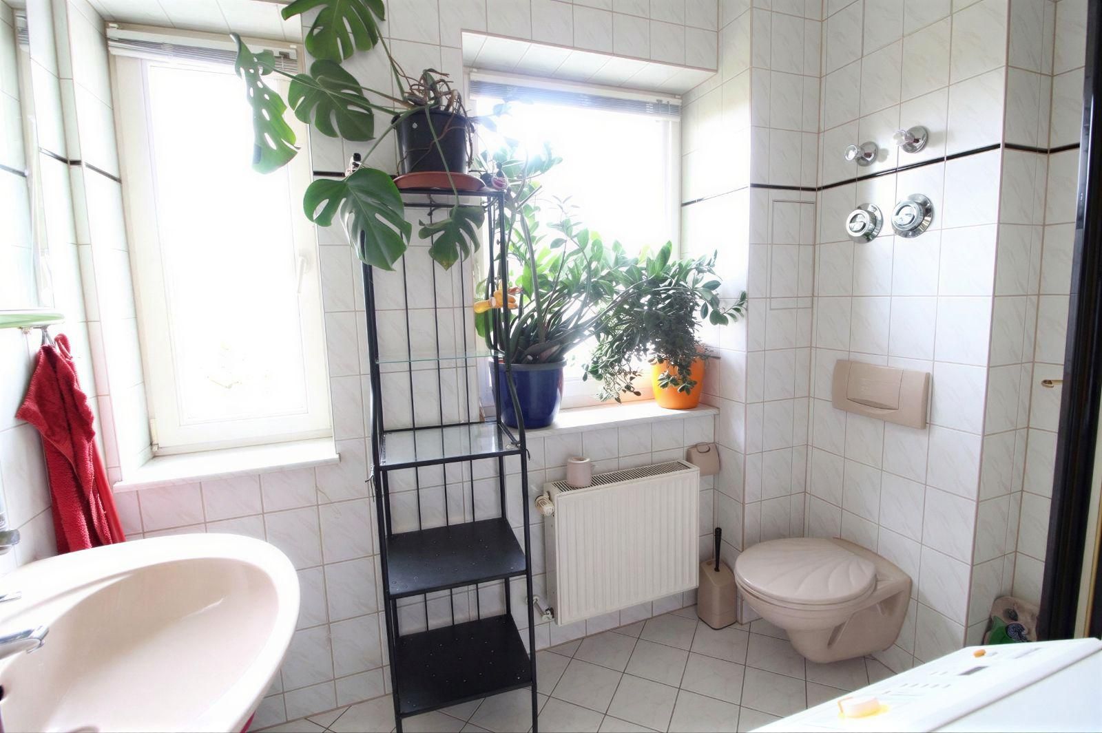 Helles Badezimmer mit Fenster, Waschbecken, WC und mehreren Pflanzen auf dem Regal und der Fensterbank.