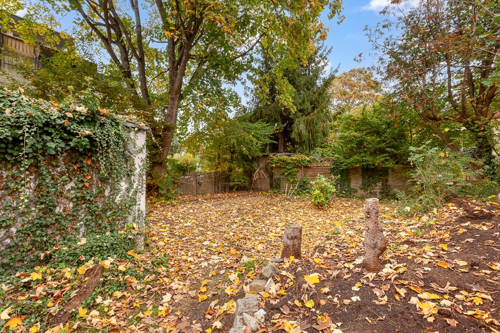 Garten mit Herbstlaub, Bäumen und bewachsener Mauer im Hintergrund.