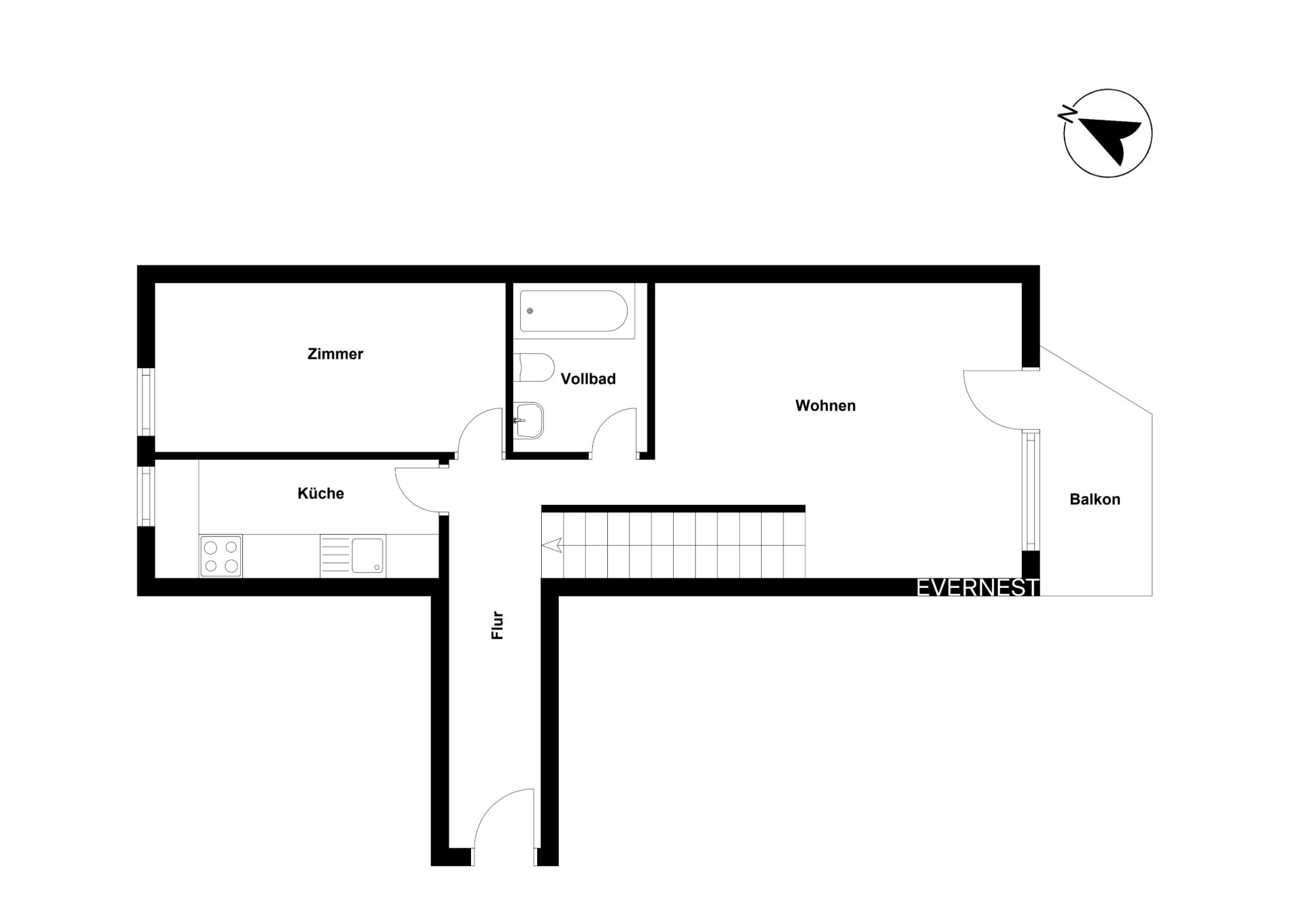 Grundriss mit Zimmer, Küche, Vollbad, Wohnbereich, Flur und Balkon.