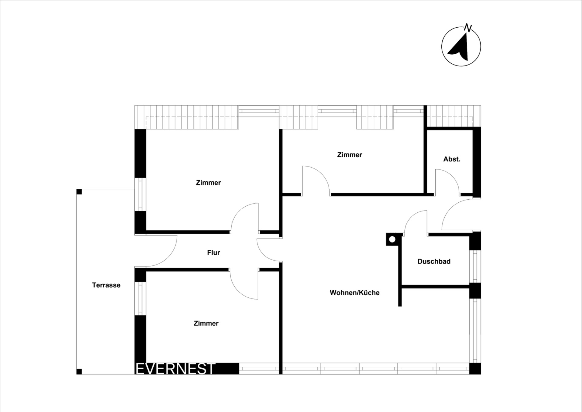 Grundriss mit drei Zimmern, Wohnküche, Duschbad, Abstellraum, Flur und Terrasse.