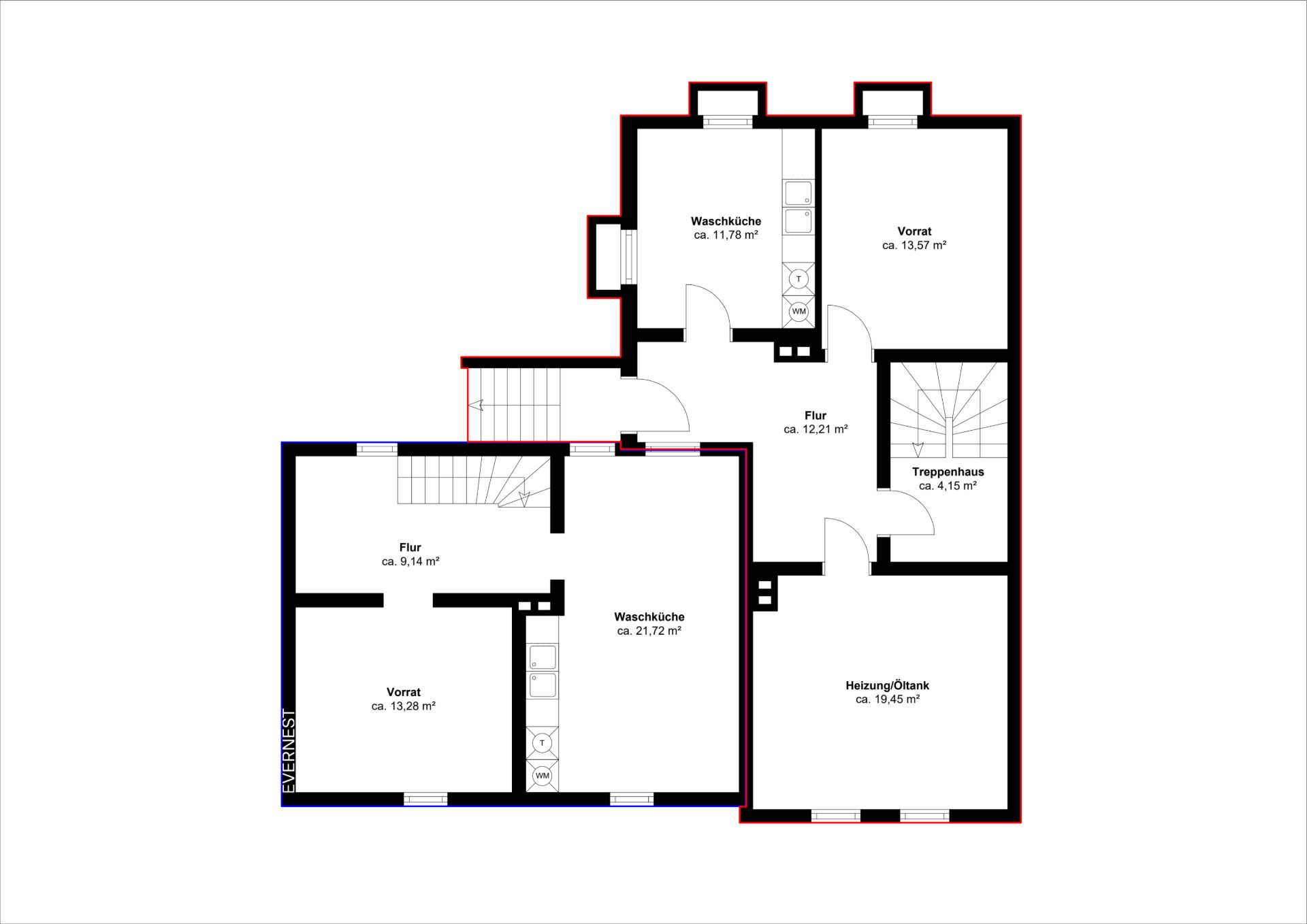 Grundriss mit Waschküche, Heizungsraum, Vorrat, Flur und Treppenhaus.