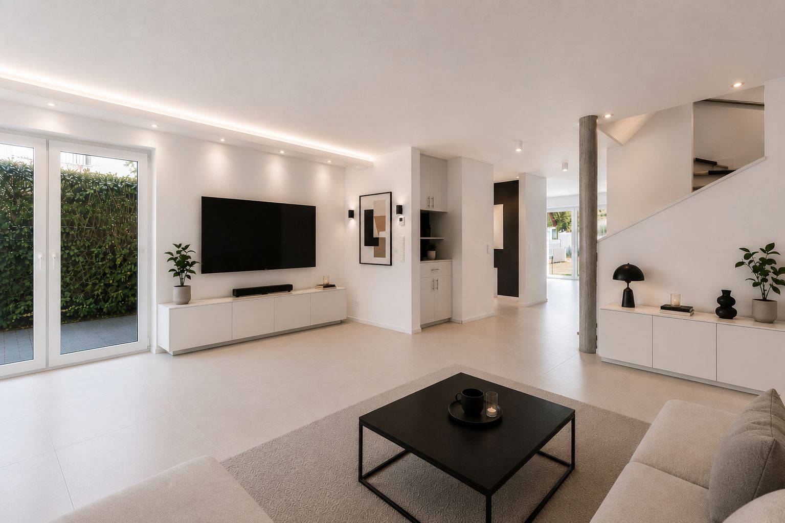 Helles Wohnzimmer mit Sofa, Couchtisch, Fernseher an der Wand und Zugang zur Terrasse.