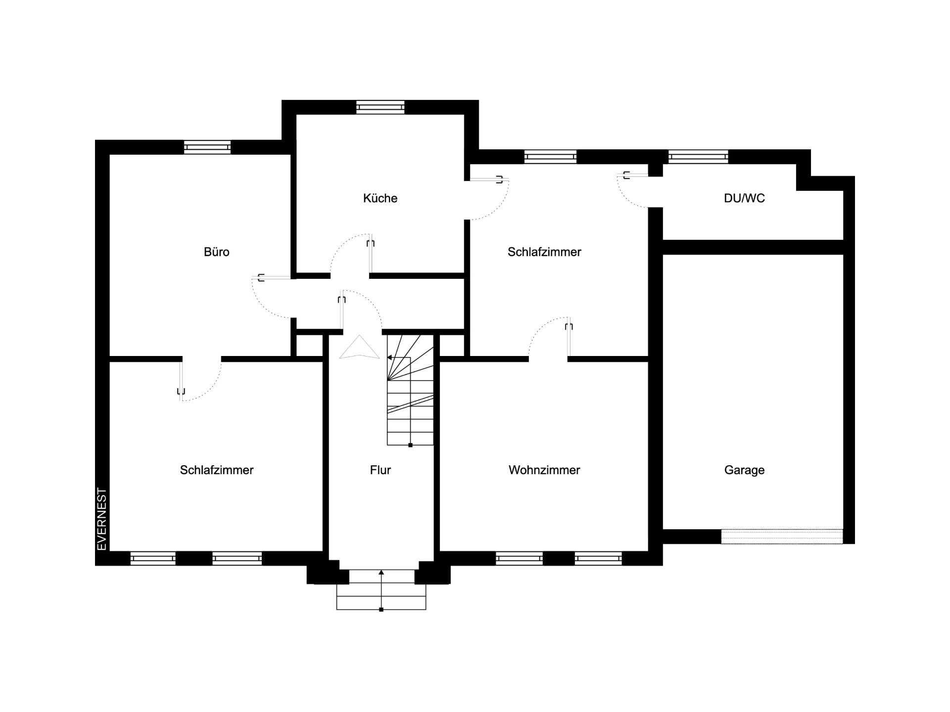 Grundriss eines Hauses mit zwei Schlafzimmern, Büro, Wohnzimmer, Küche, Bad und Garage.