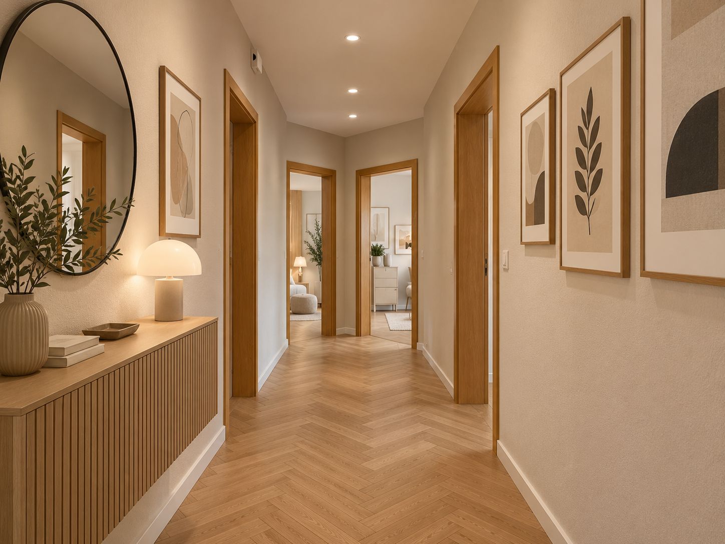 Heller Flur mit Holzboden, Wandbildern, Spiegel und Kommode mit Lampe und Deko.