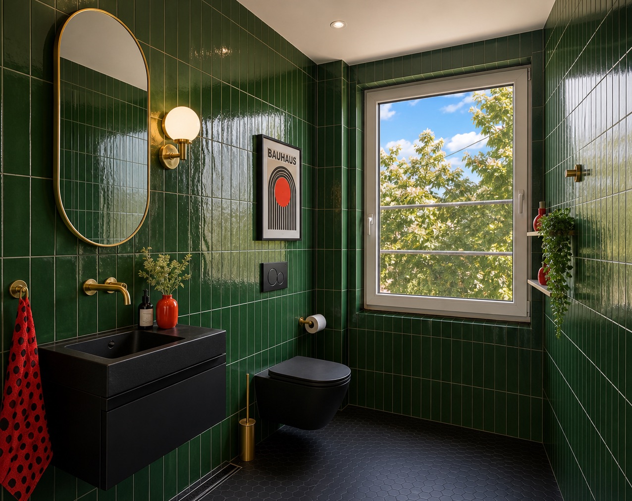 Modernes Badezimmer mit grünen Fliesen, großem Fenster, schwarzem Waschbecken und WC.