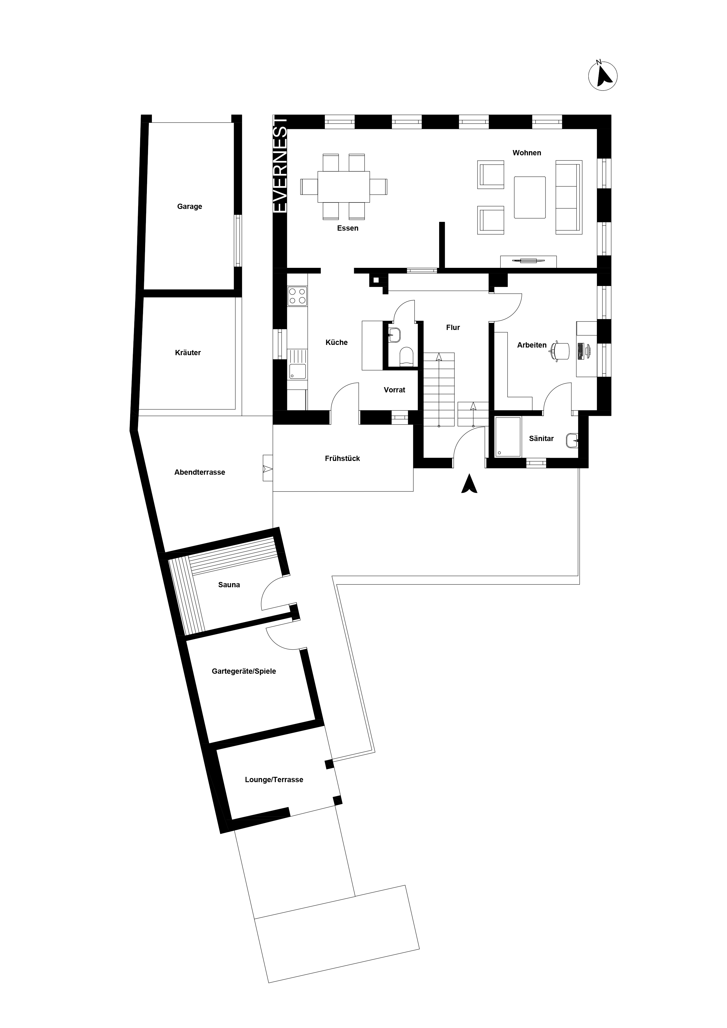 Grundriss eines Wohnhauses mit Garage, Wohn-, Ess-, und Arbeitszimmer, Sauna und Terrasse.
