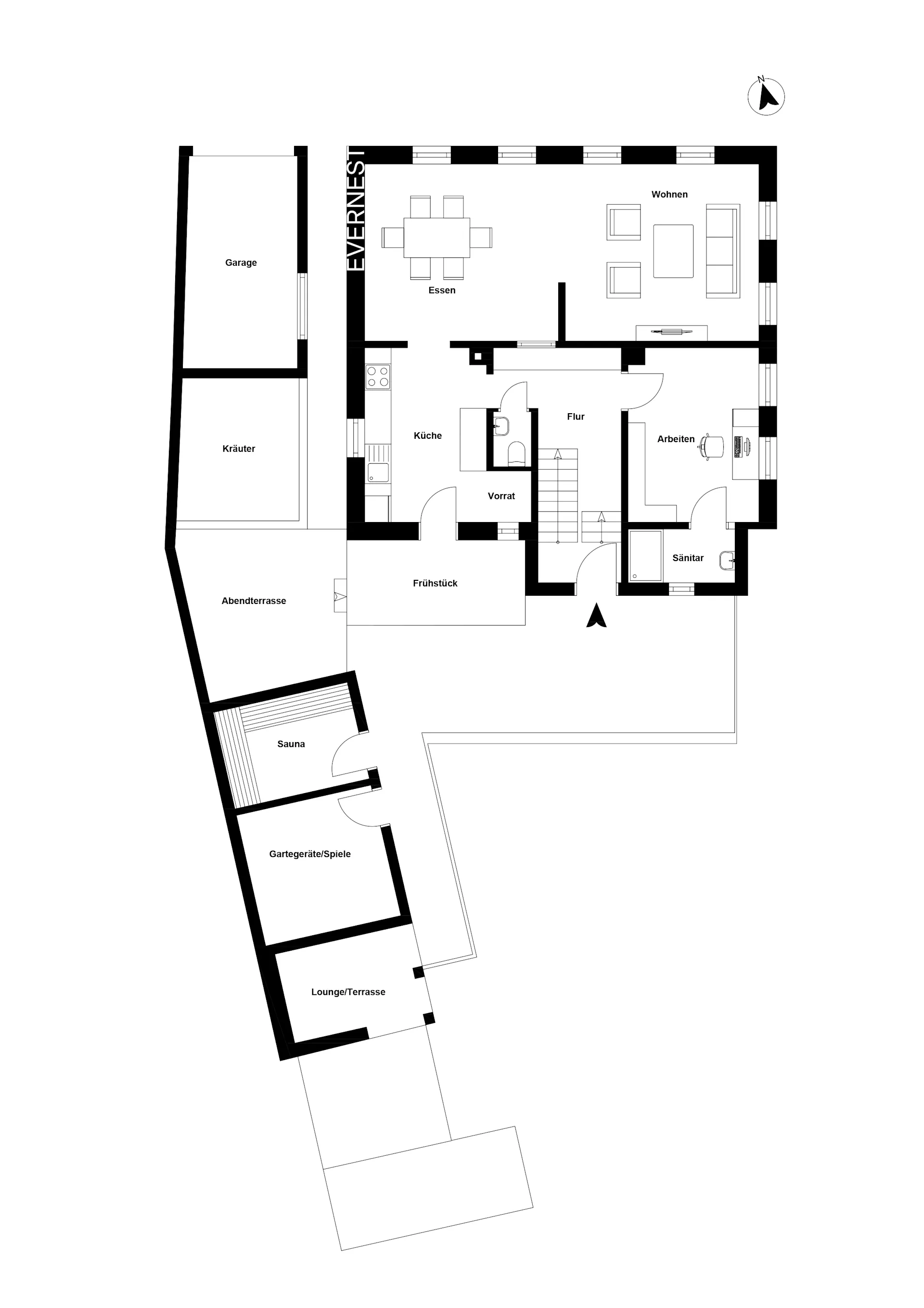 Grundriss eines Wohnhauses mit Garage, Wohn-, Ess-, und Arbeitszimmer, Sauna und Terrasse.