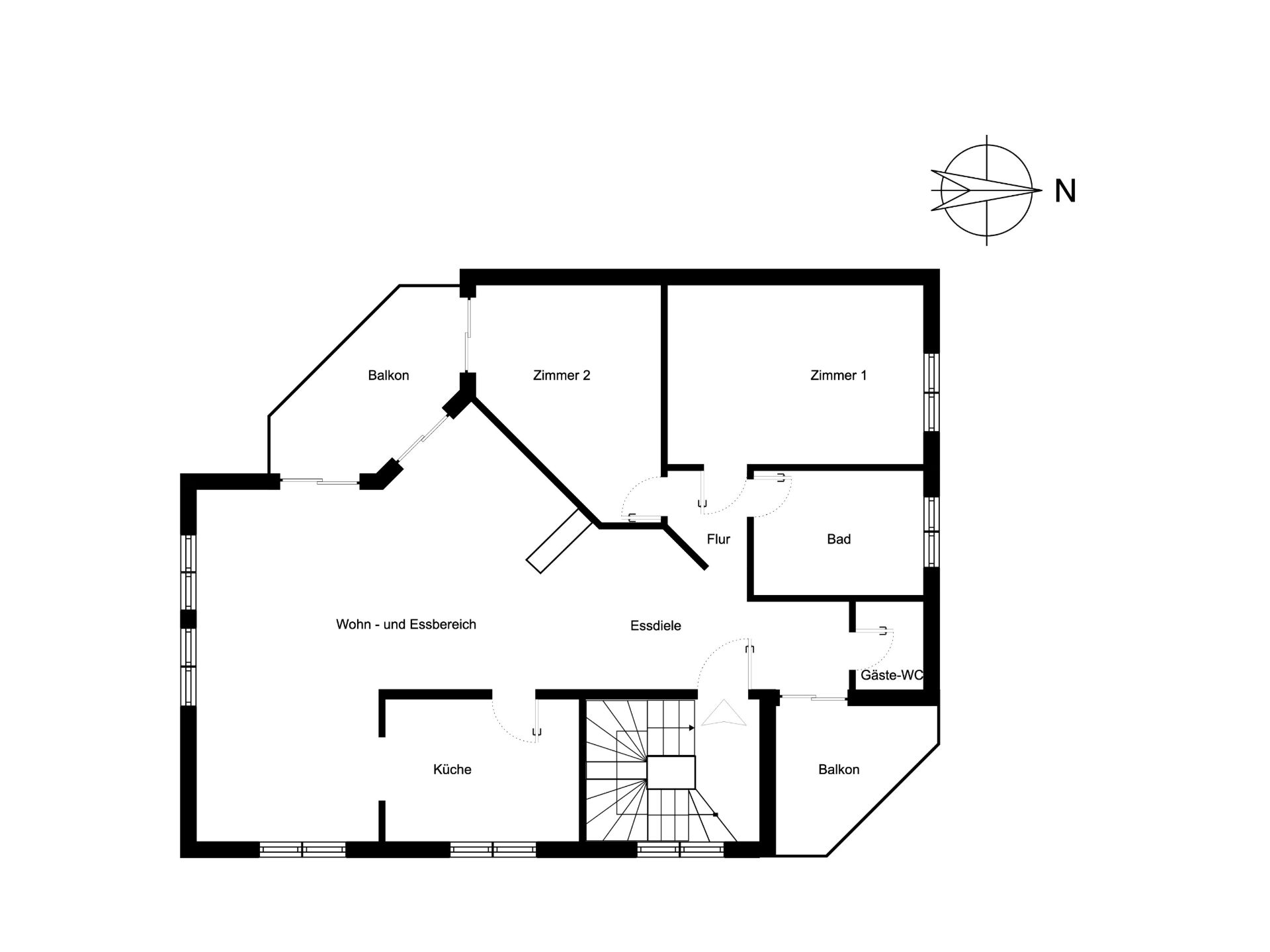 Grundriss einer Wohnung mit zwei Zimmern, Küche, Bad, Gäste-WC, Wohn- und Essbereich, zwei Balkonen.