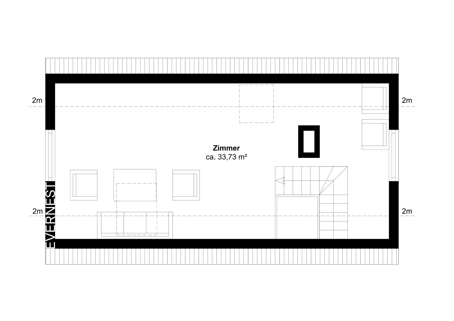 Grundriss eines rechteckigen Zimmers mit Möbeln und Treppe, ca. 33,73 Quadratmeter.
