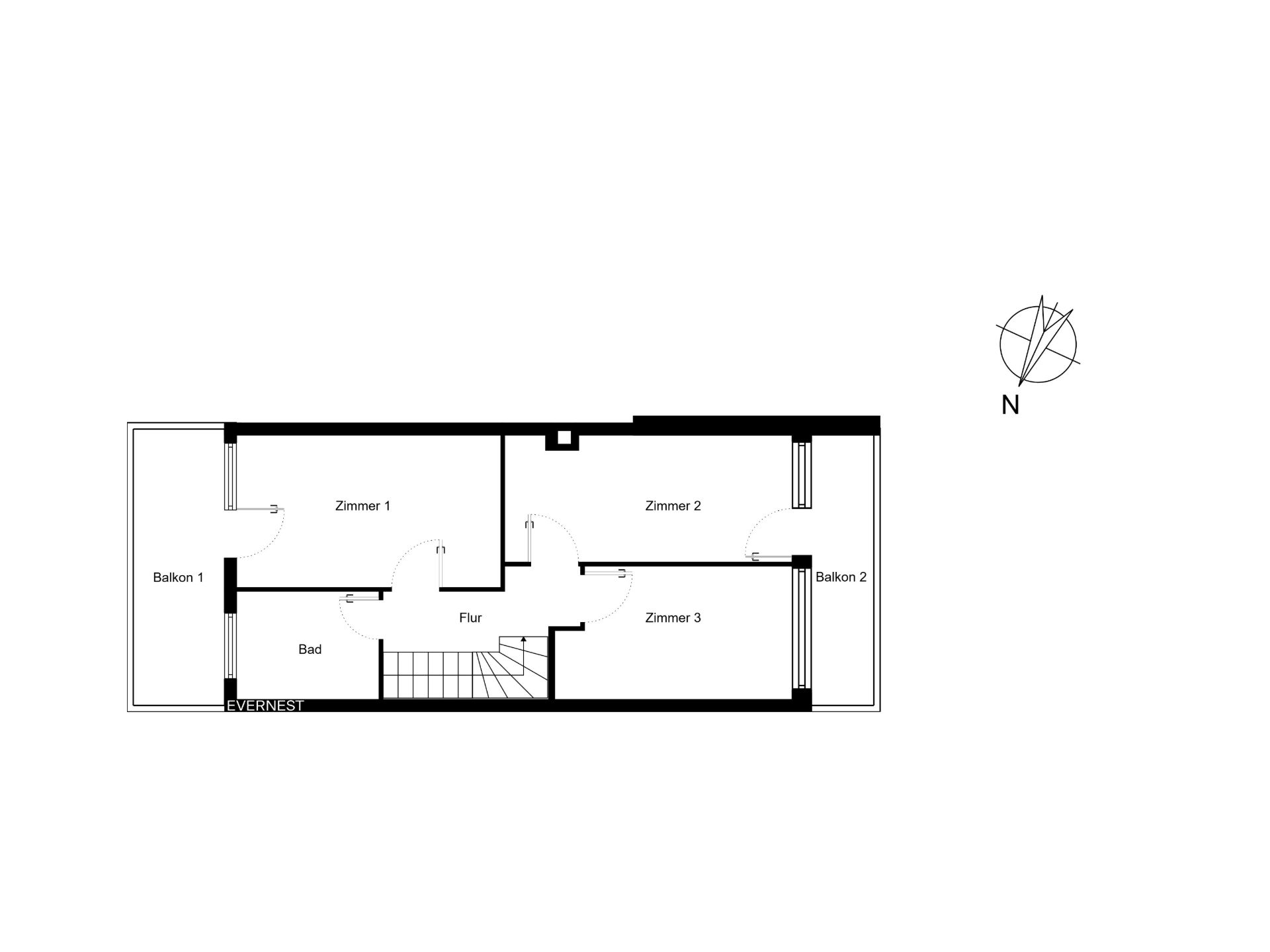 Grundriss mit drei Zimmern, Bad, Flur, zwei Balkonen und Treppe.