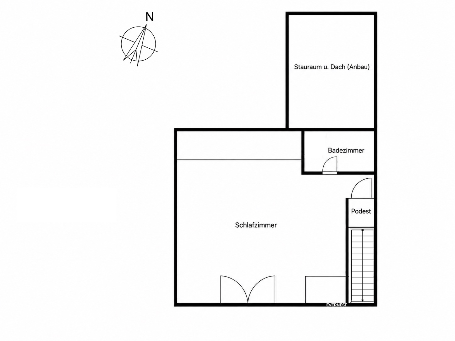 Grundriss mit Schlafzimmer, Badezimmer, Stauraum und Treppenpodest.