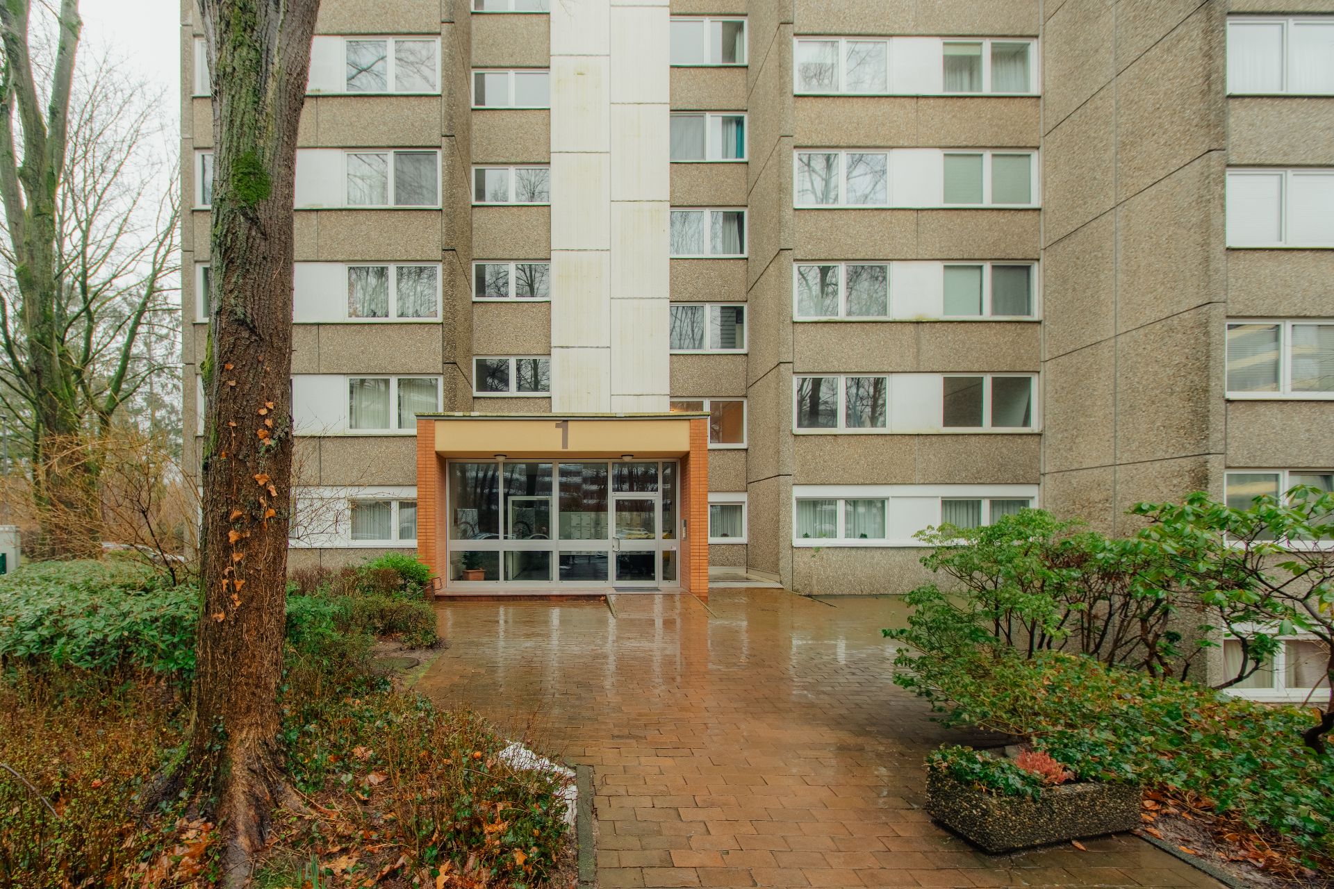 Eingang eines mehrstöckigen Wohnhauses mit Gehweg und Pflanzen im Vordergrund.
