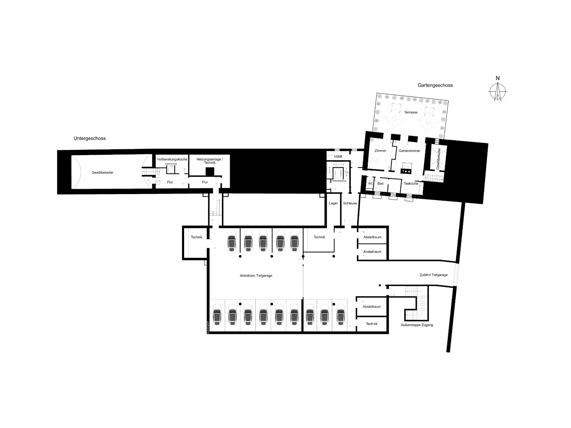 Grundriss eines Untergeschosses mit mehreren Garagenplätzen, Technikräumen und Abstellräumen.