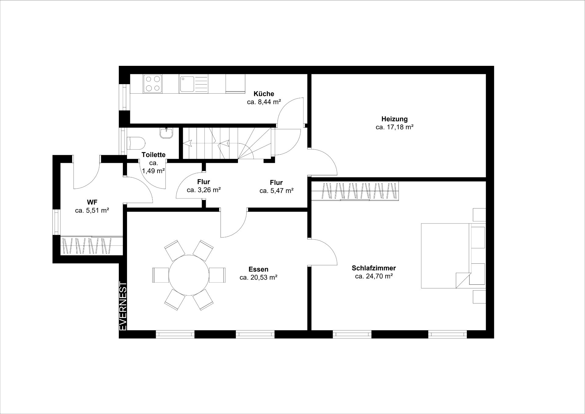 Grundriss einer Wohnung mit Küche, Schlafzimmer, Esszimmer, Heizung, Toilette und Flur.