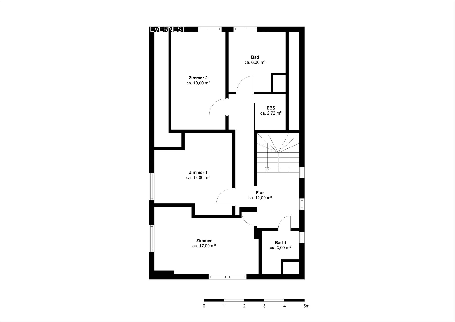 Wohnungsgrundriss mit drei Zimmern, zwei Bädern, Flur, EBS und Treppe.