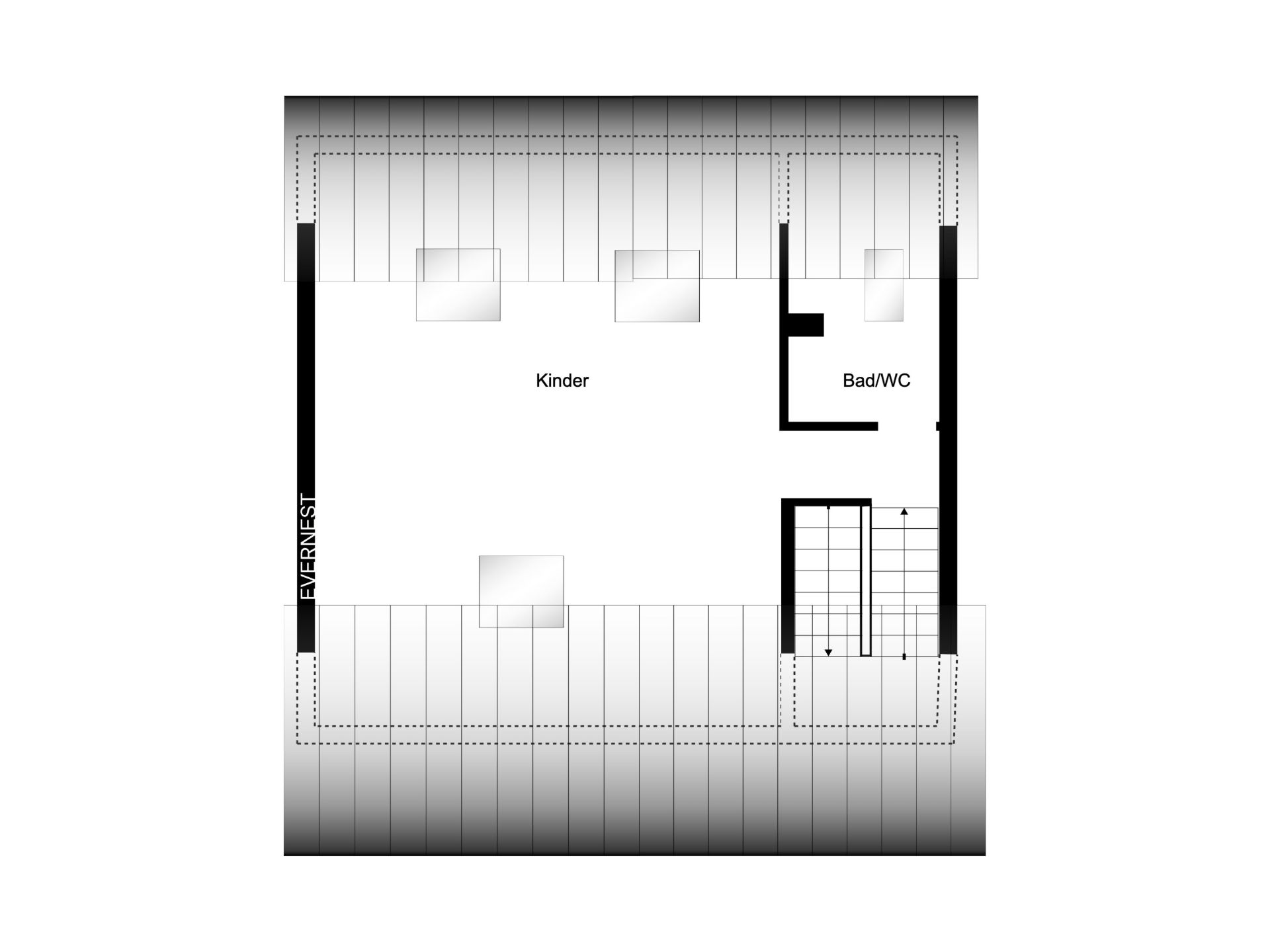 Grundriss mit Kinderzimmer, Bad/WC und Treppe.