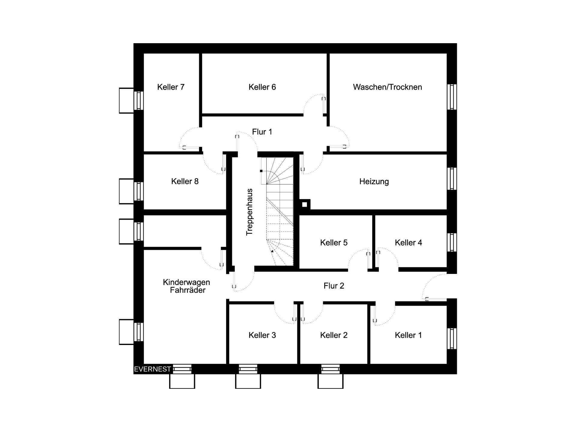 Grundriss eines Kellers mit mehreren Kellerräumen, Waschraum, Heizraum und Fahrradraum.