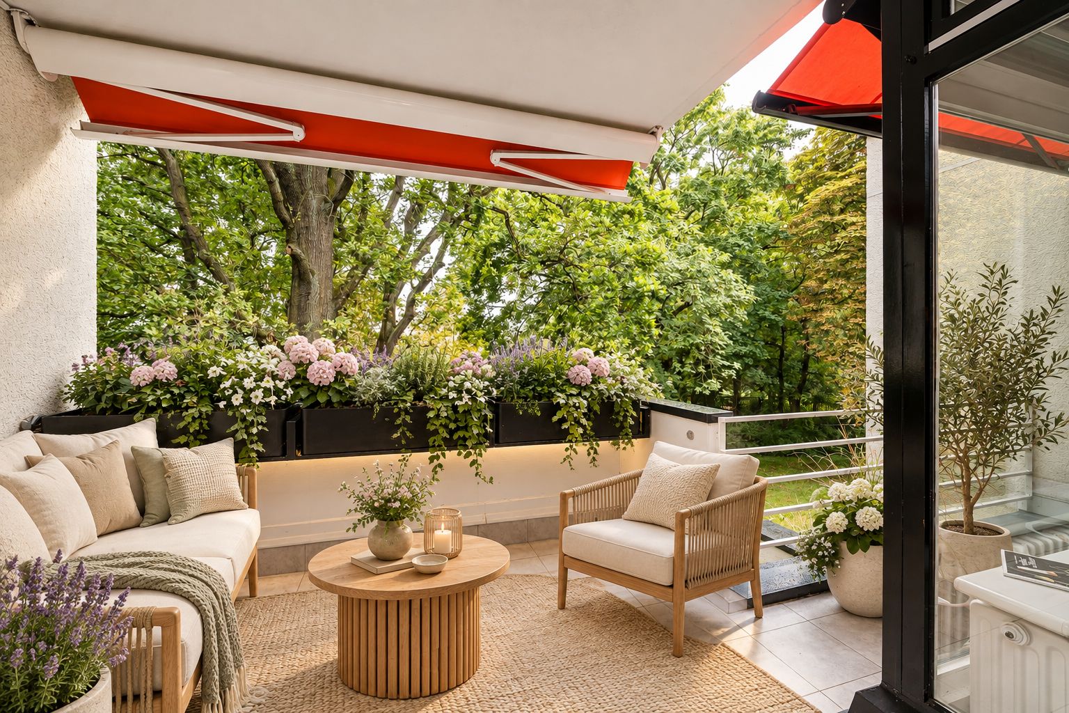 Gemütlicher Balkon mit Sitzmöbeln, Holztisch, Pflanzen und roten Markisen, Blick ins Grüne.