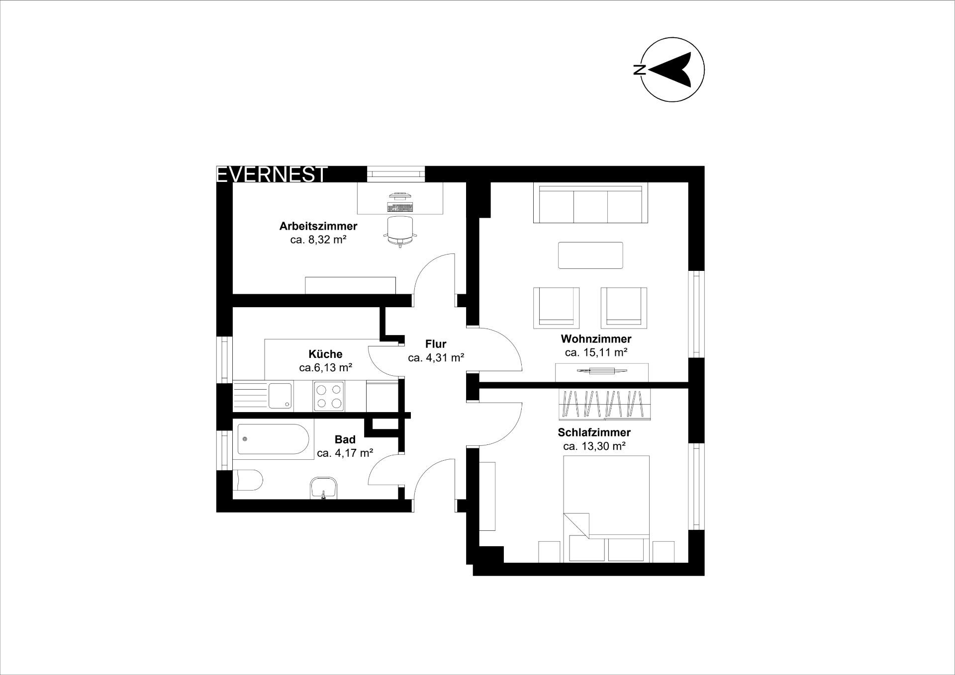 Grundriss einer Wohnung mit Arbeitszimmer, Wohnzimmer, Schlafzimmer, Küche, Bad und Flur.