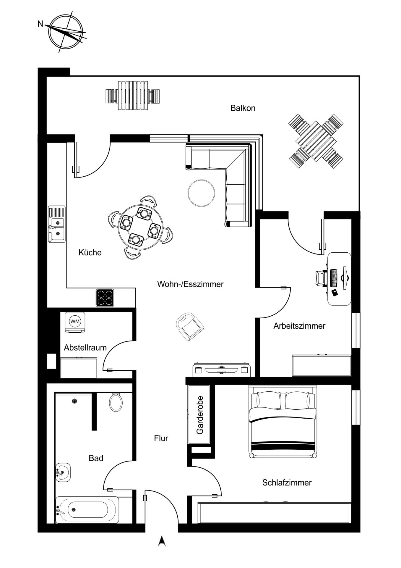Grundriss einer Wohnung mit Balkon, Schlafzimmer, Küche, Bad, Wohnzimmer, Abstellraum und Arbeitszimmer.