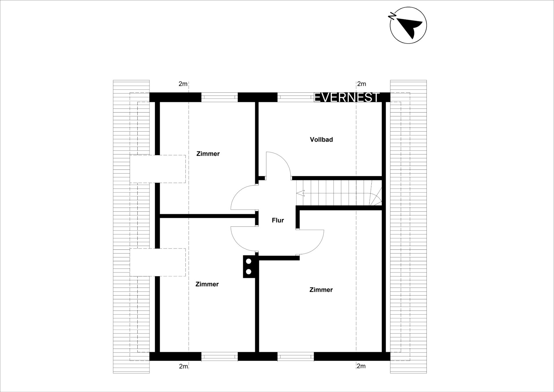 Grundriss mit drei Zimmern, einem Vollbad und einem Flur mit Treppe.