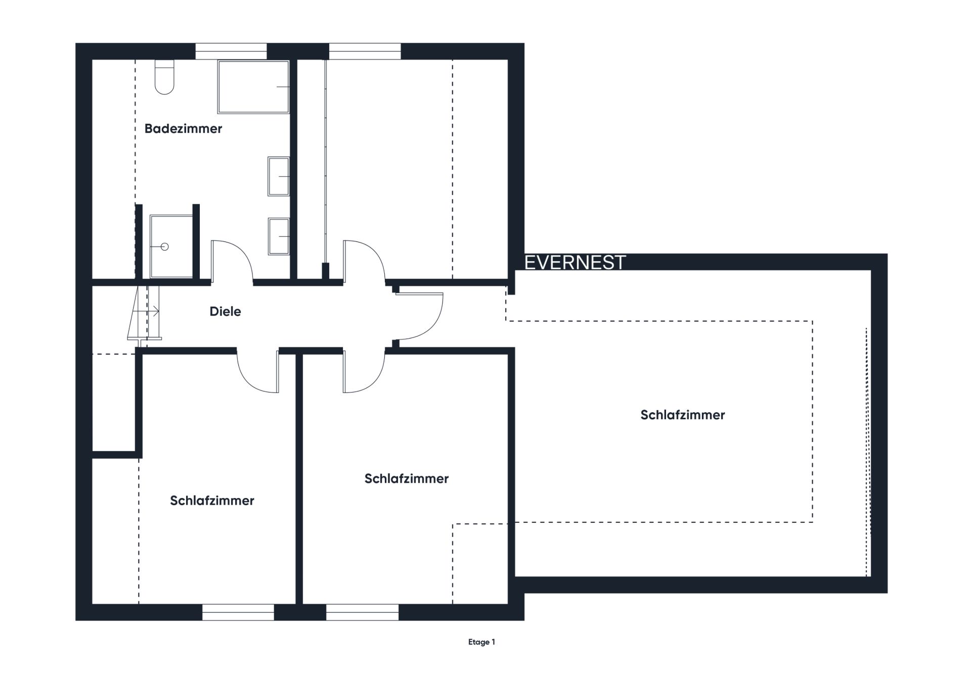 Grundriss mit drei Schlafzimmern, Diele und Badezimmer, klar beschriftet.