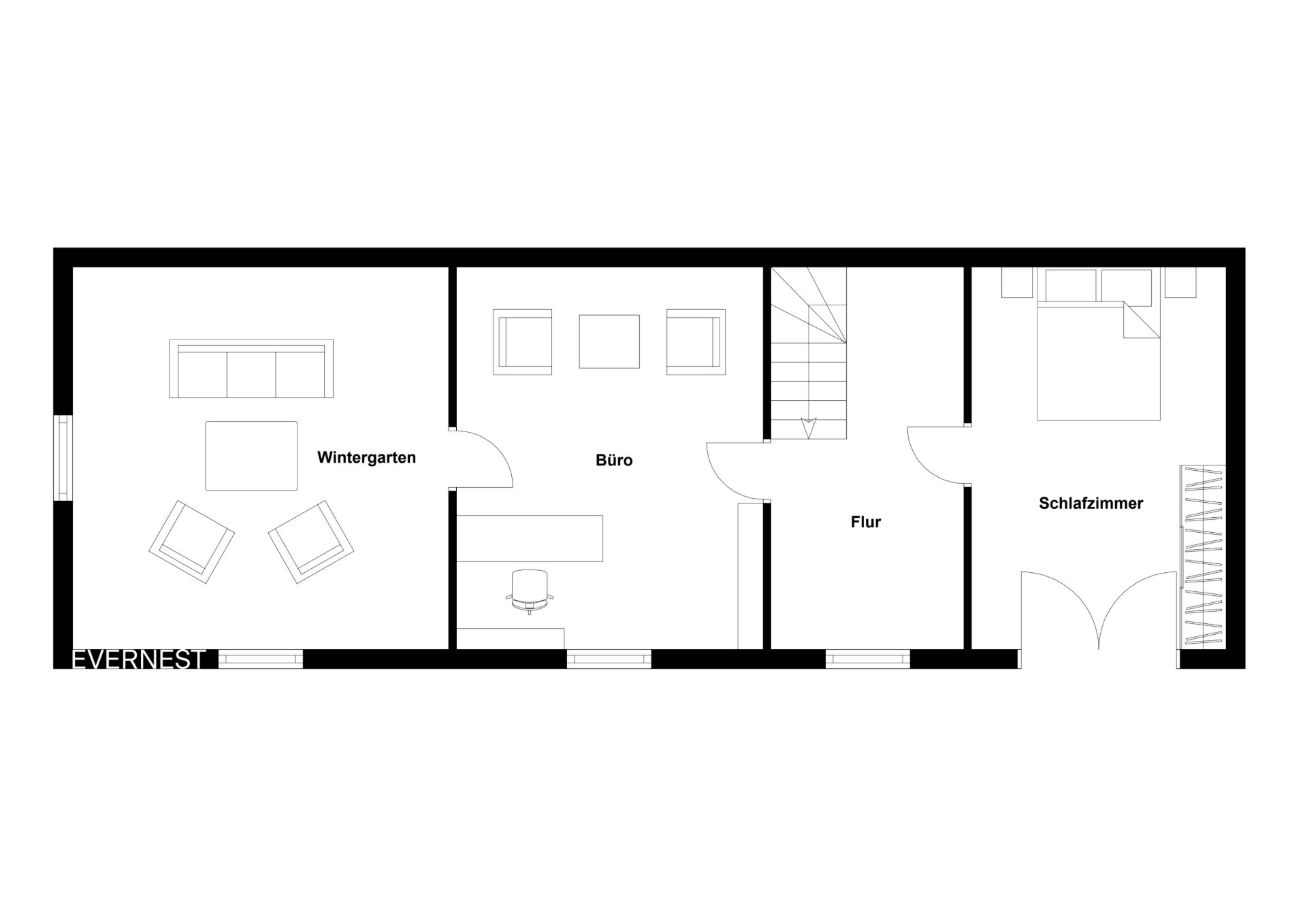 Grundriss mit Wintergarten, Büro, Flur und Schlafzimmer, Möbel sind eingezeichnet.