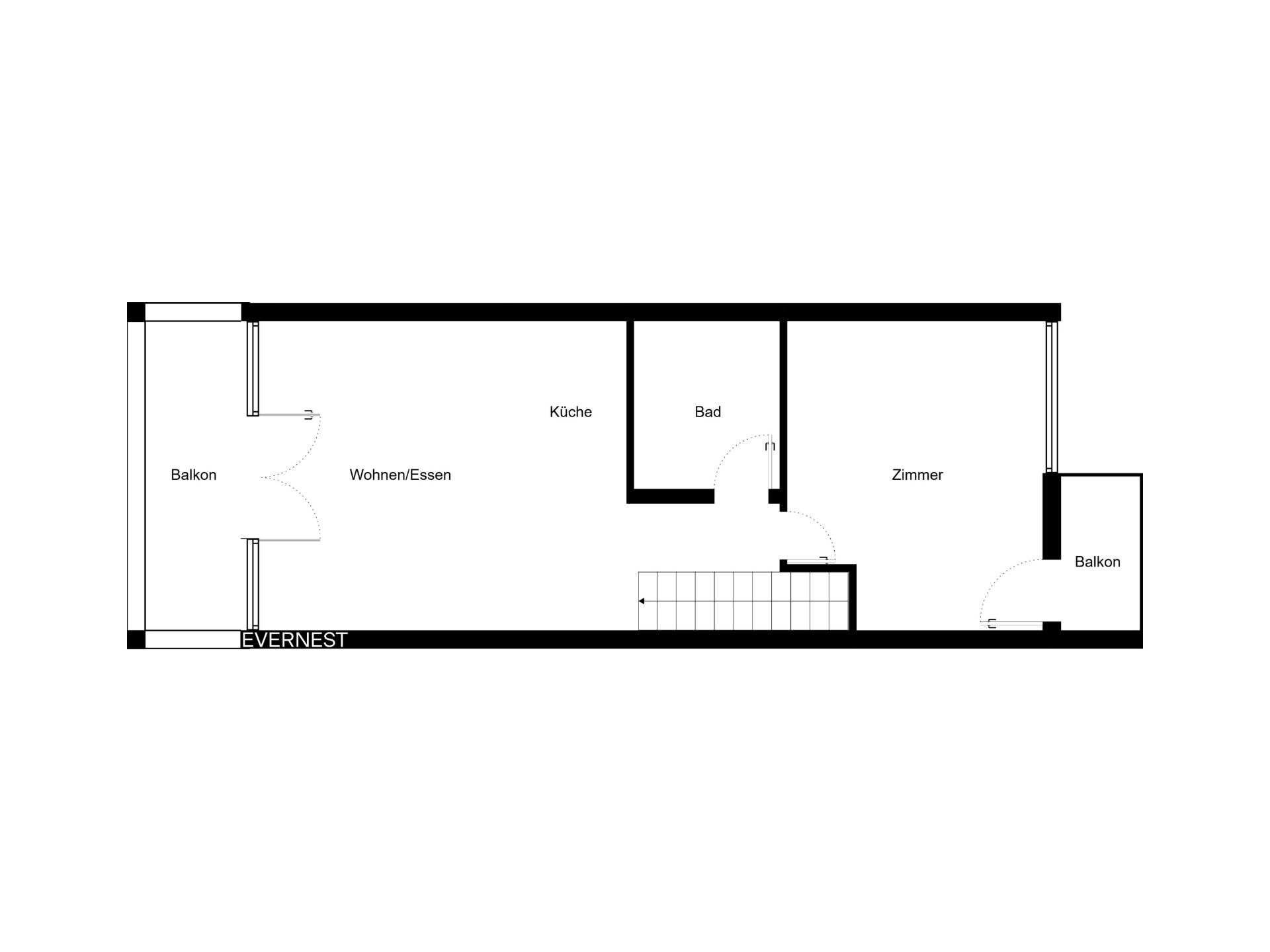 Grundriss mit Wohnzimmer, Küche, Bad, Zimmer und zwei Balkonen.
