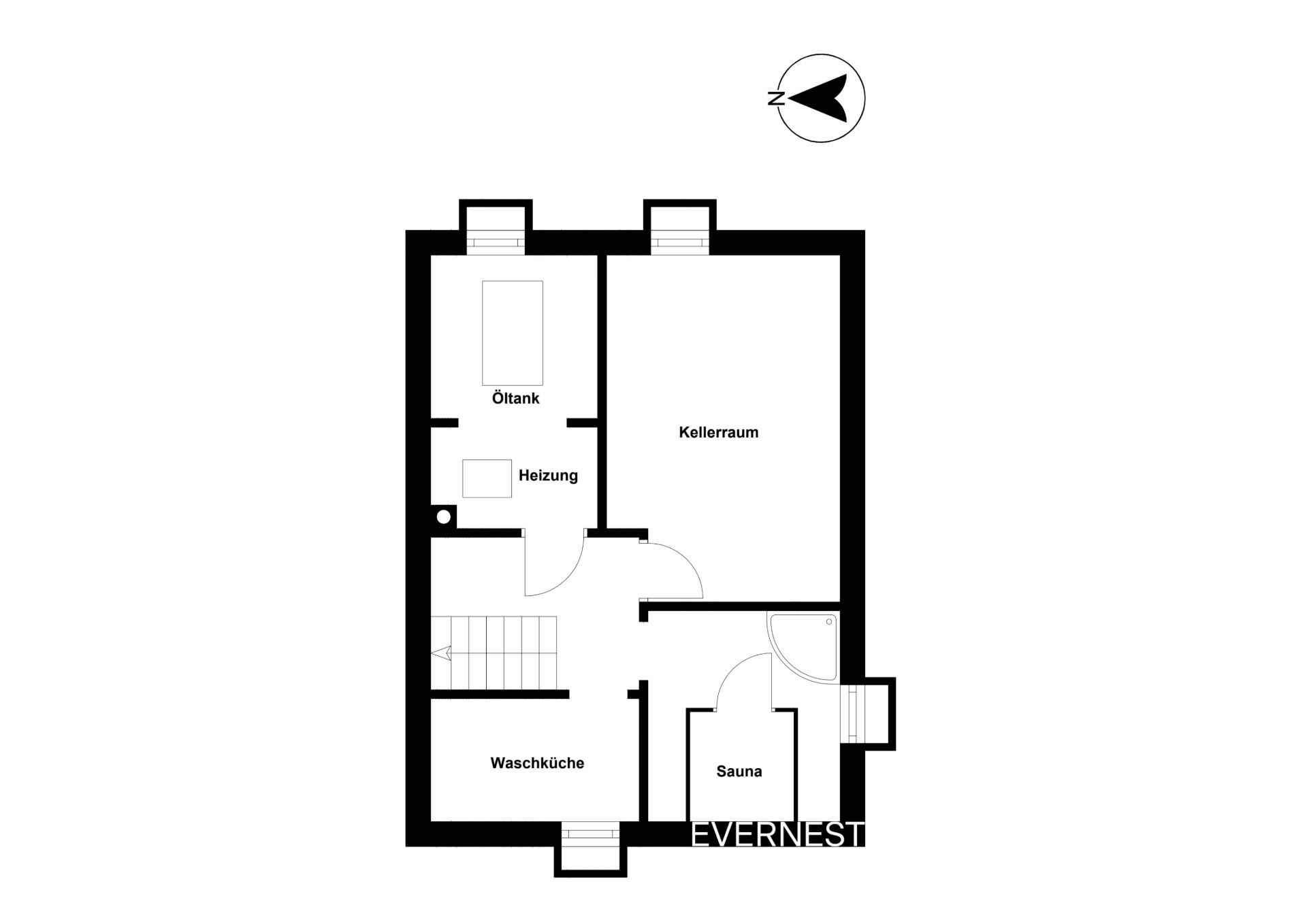 Grundriss eines Kellers mit Öltank, Heizung, Kellerraum, Waschküche und Sauna.