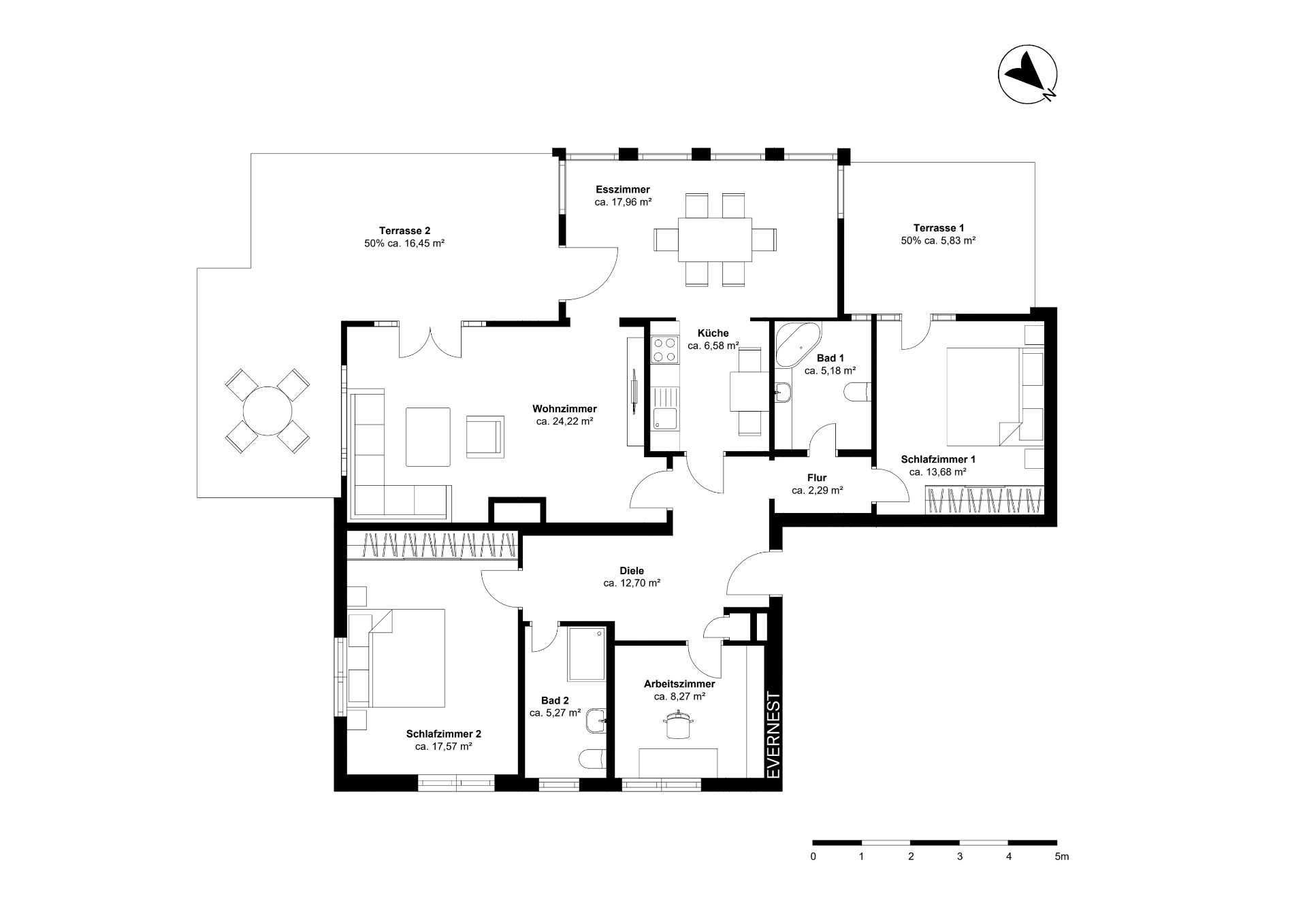 Grundriss einer Wohnung mit Wohnzimmer, zwei Schlafzimmern, Küche, Esszimmer und zwei Bädern.