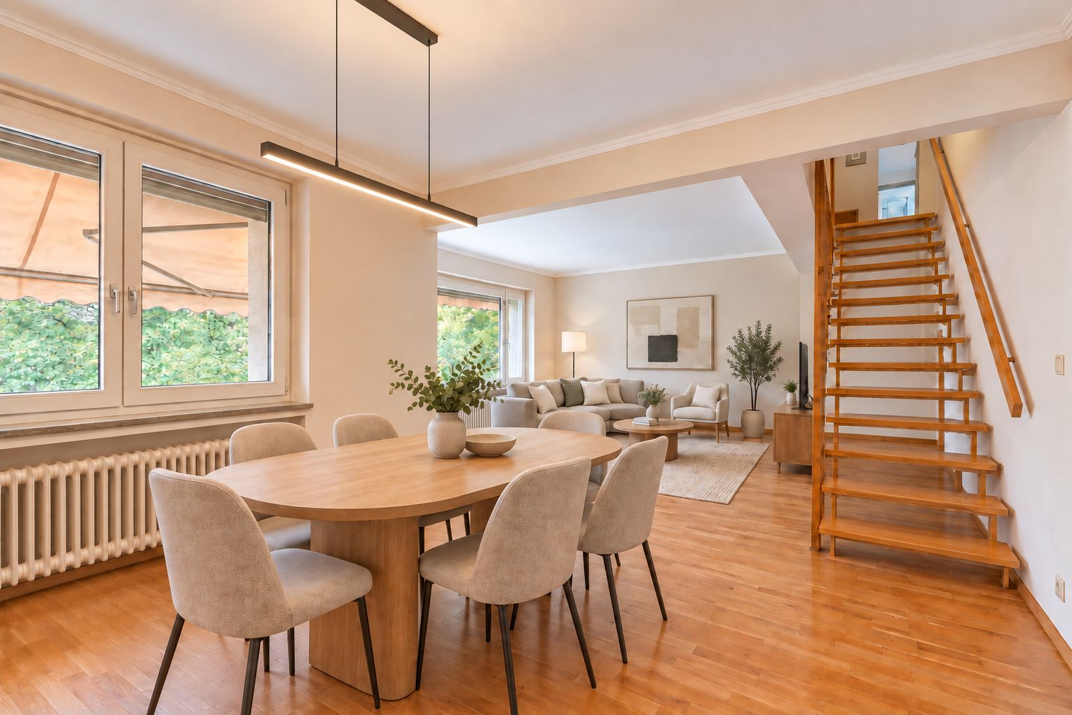 Essbereich mit rundem Holztisch, sechs Stühlen, Wohnzimmer und Treppe mit Holzstufen.