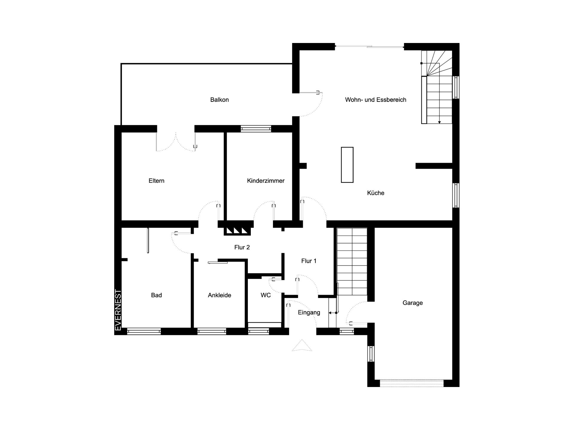 Grundriss einer Wohnung mit Wohnzimmer, Küche, Schlafzimmer, Kinderzimmer, Bad, Ankleide und Garage.