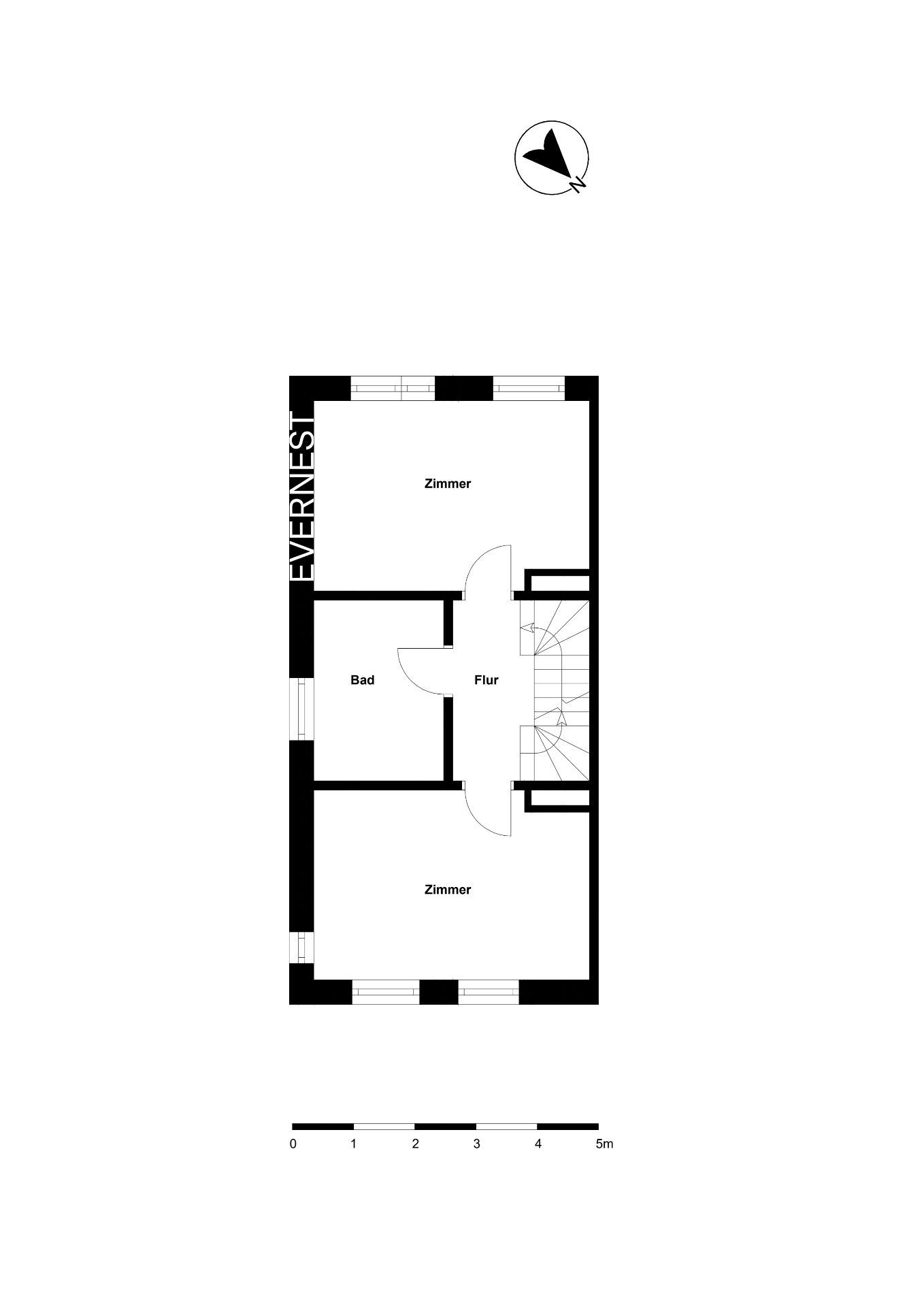 Grundriss mit zwei Zimmern, einem Bad und einem Flur sowie Treppe.