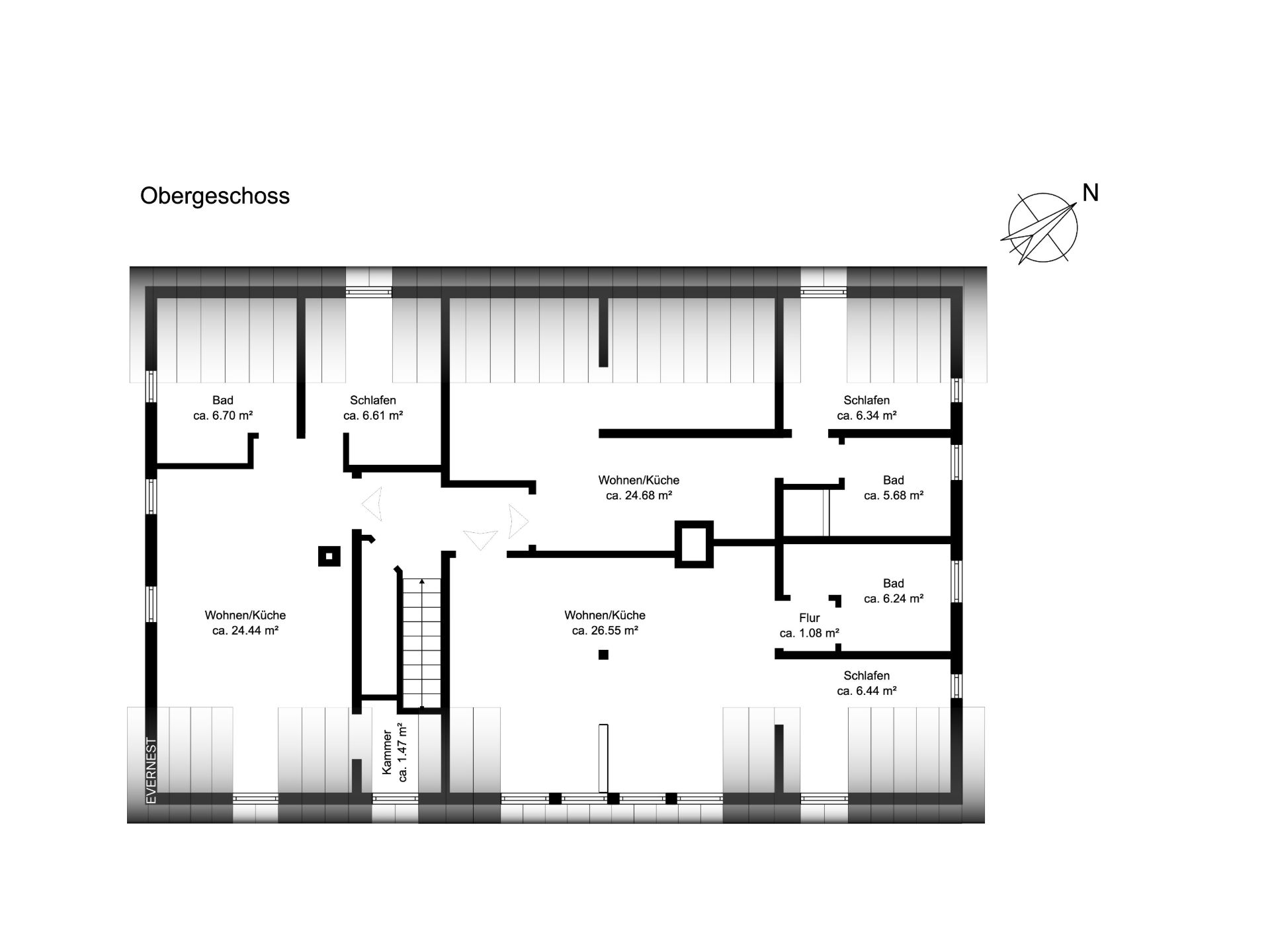 Grundriss des Obergeschosses mit Wohnküche, Schlafzimmern und Bädern.