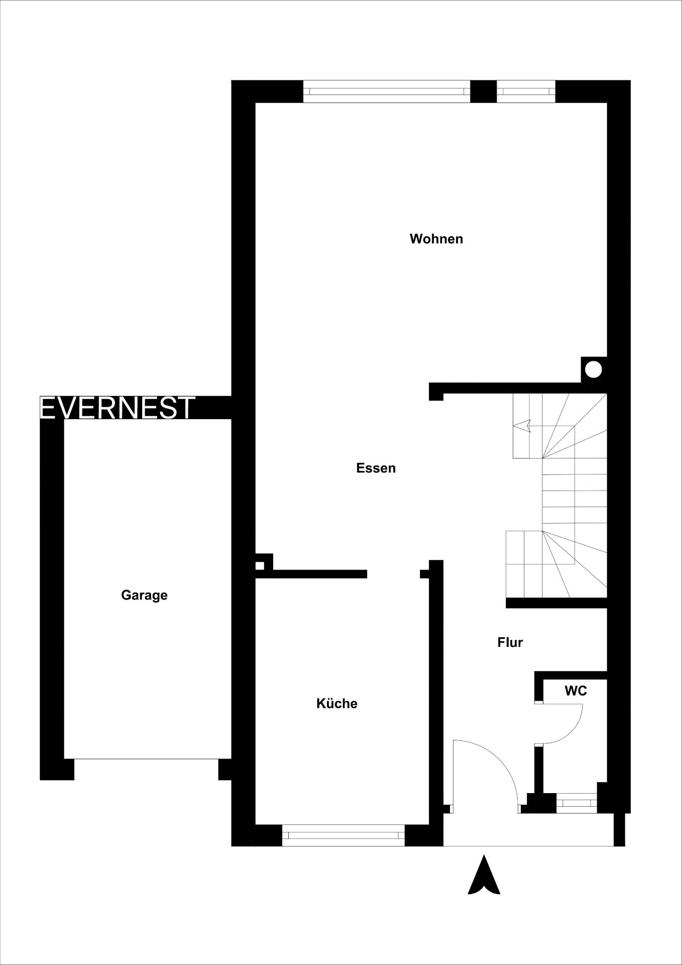 Grundriss mit Garage, Küche, Essen, Wohnen, Flur und WC im Erdgeschoss.