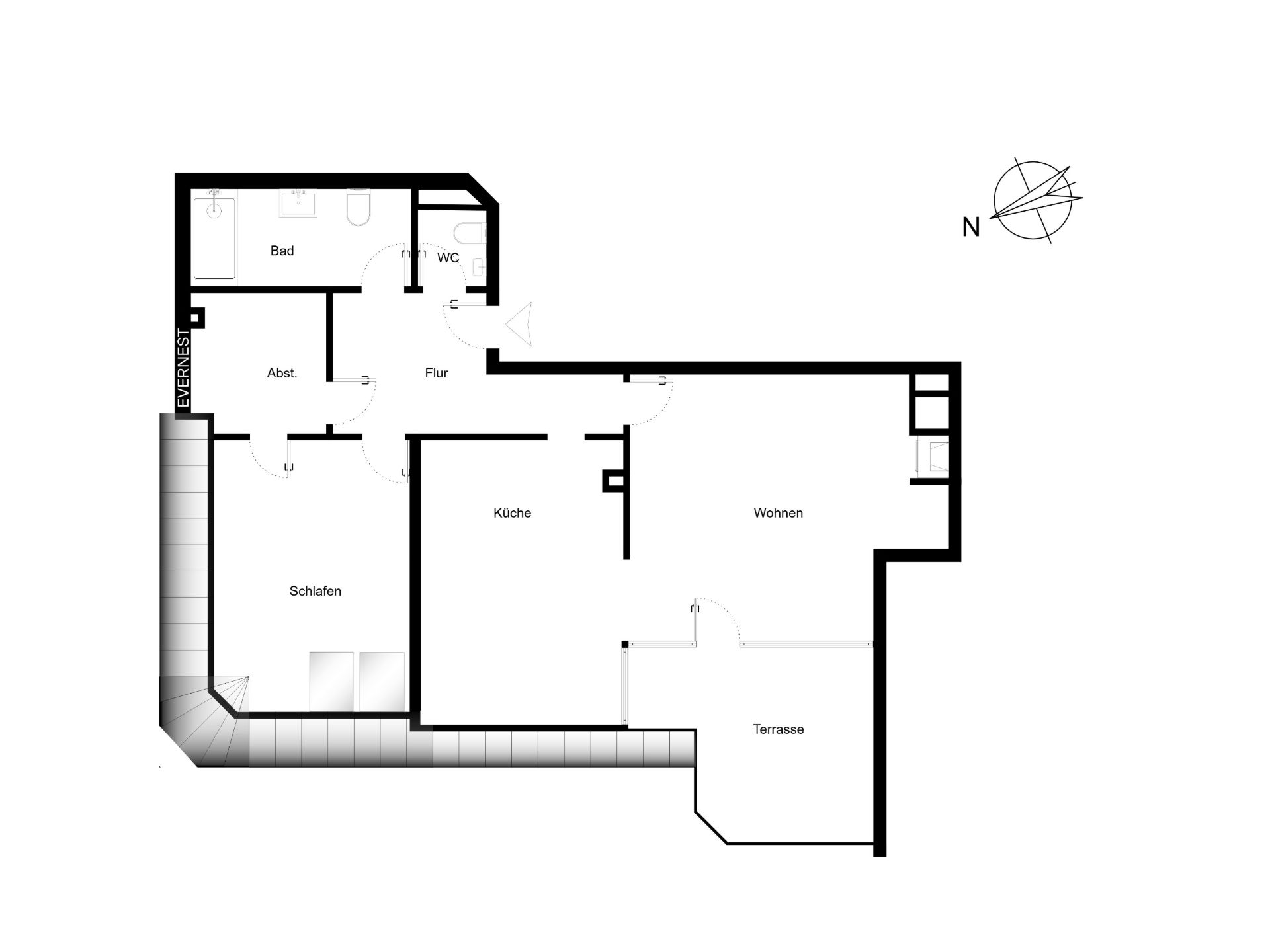 Grundriss einer Wohnung mit Schlafzimmer, Bad, Küche, Wohnzimmer und Terrasse.