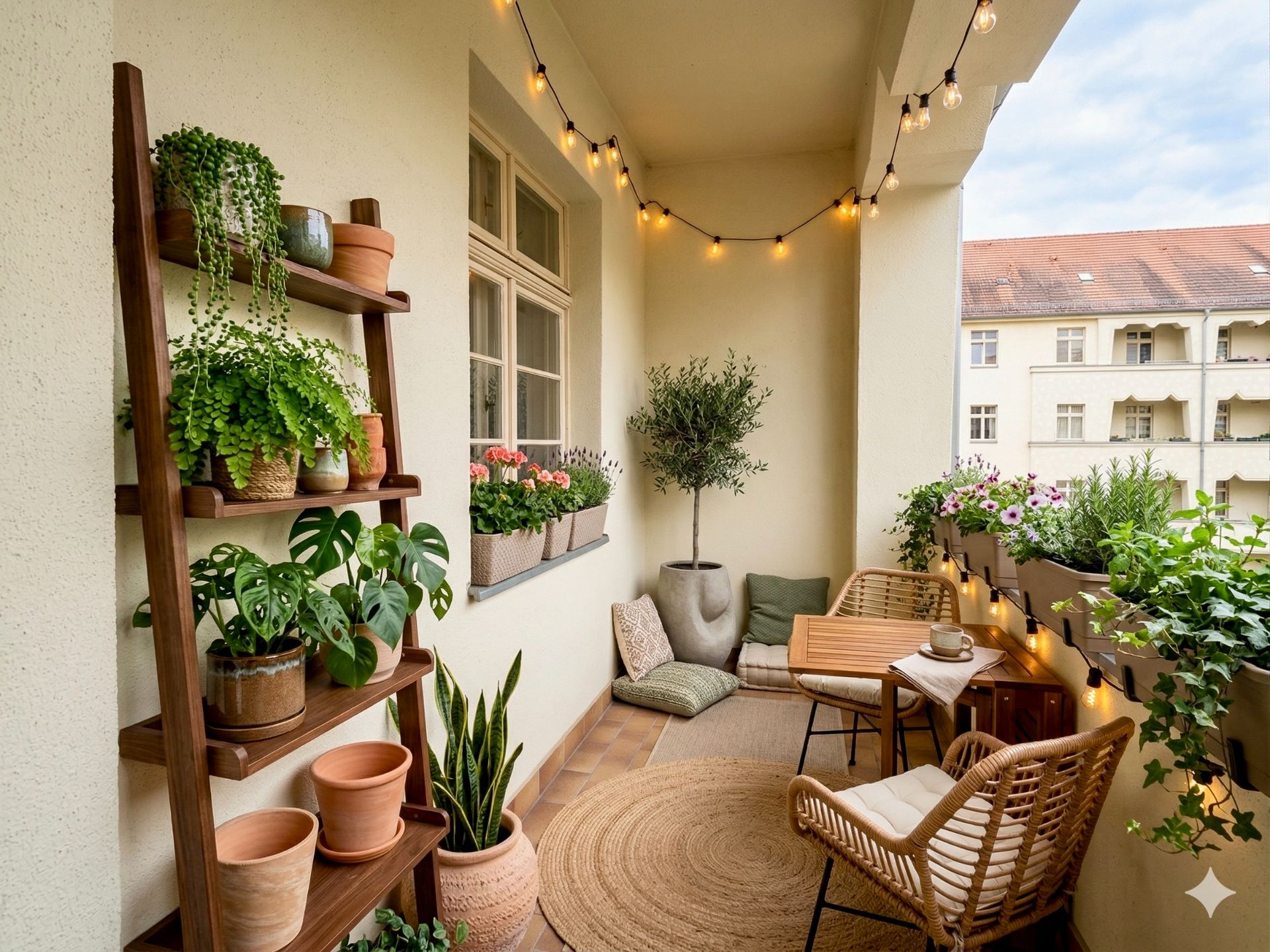 Gemütlicher Balkon mit Pflanzen, Lichterkette, Holzmöbeln und Kissen, Blick auf Nachbargebäude.