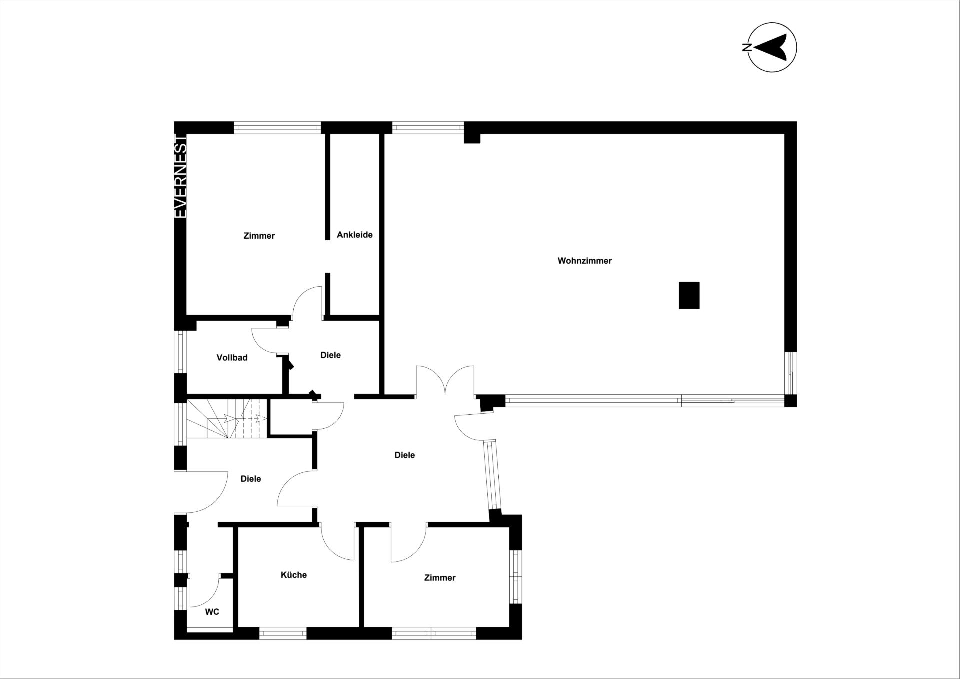 Grundriss einer Wohnung mit Wohnzimmer, zwei Zimmern, Küche, Bad, WC und Ankleide.